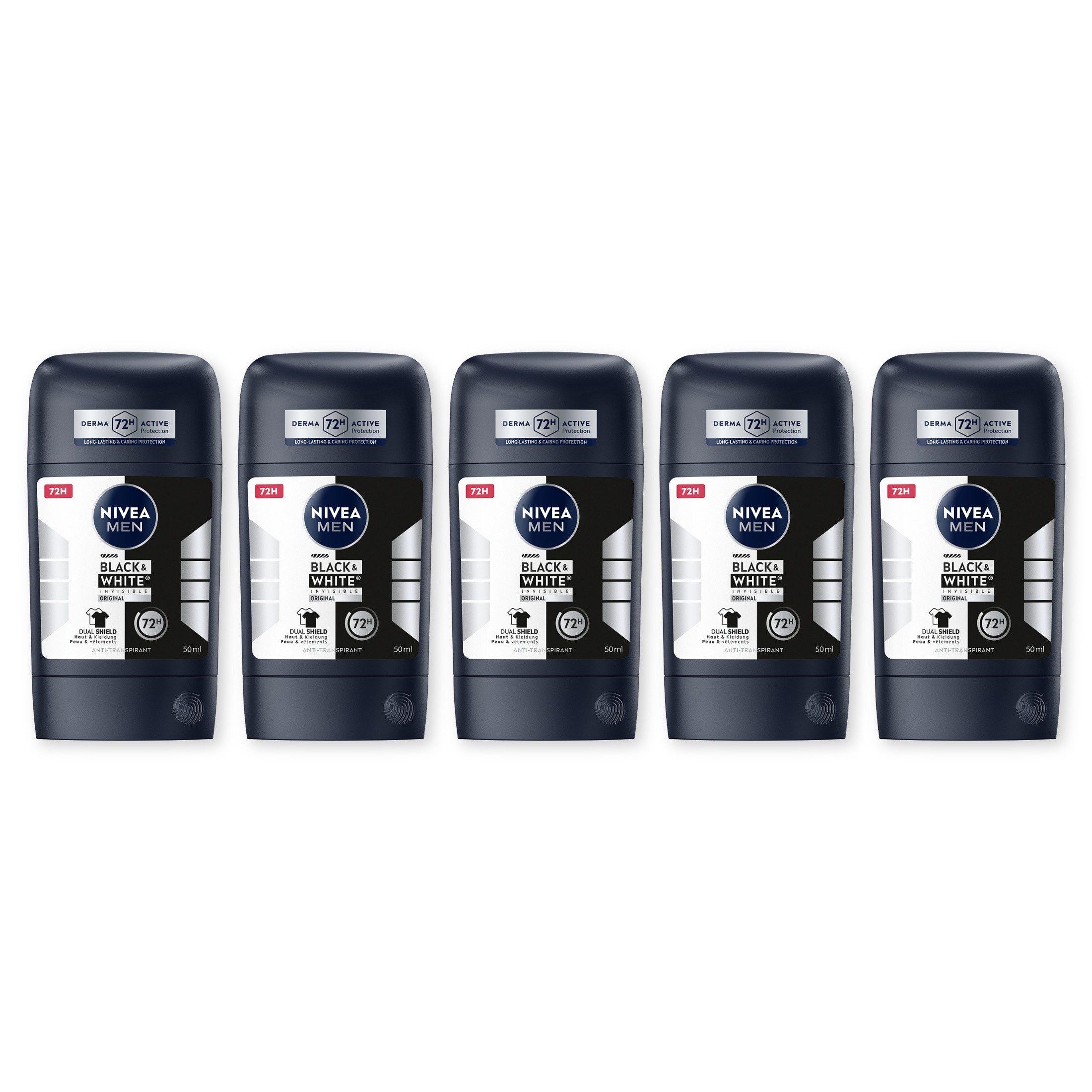 Nivea Men Deo-Stift Black & White Invisible Original Deo Stick 5 x 50ml, 5-tlg., Zuverlässiger Deo Schutz beim Sport
