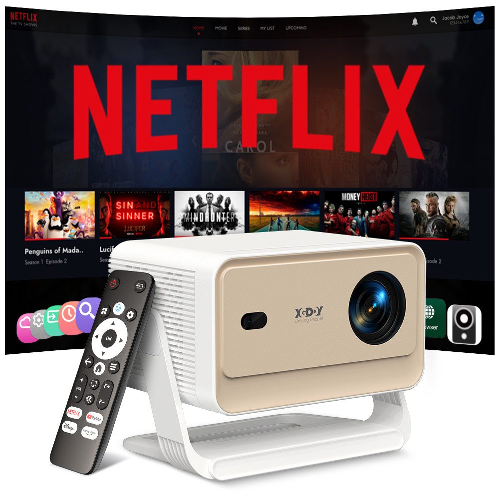 XGODY Native 1080p LCD-проектор (25000 lm, 20000:1, 3840 x 2160 px (700 ANSI) px, Netflix-zertifiziert und Autofokus, mit Projektionsleinwand)