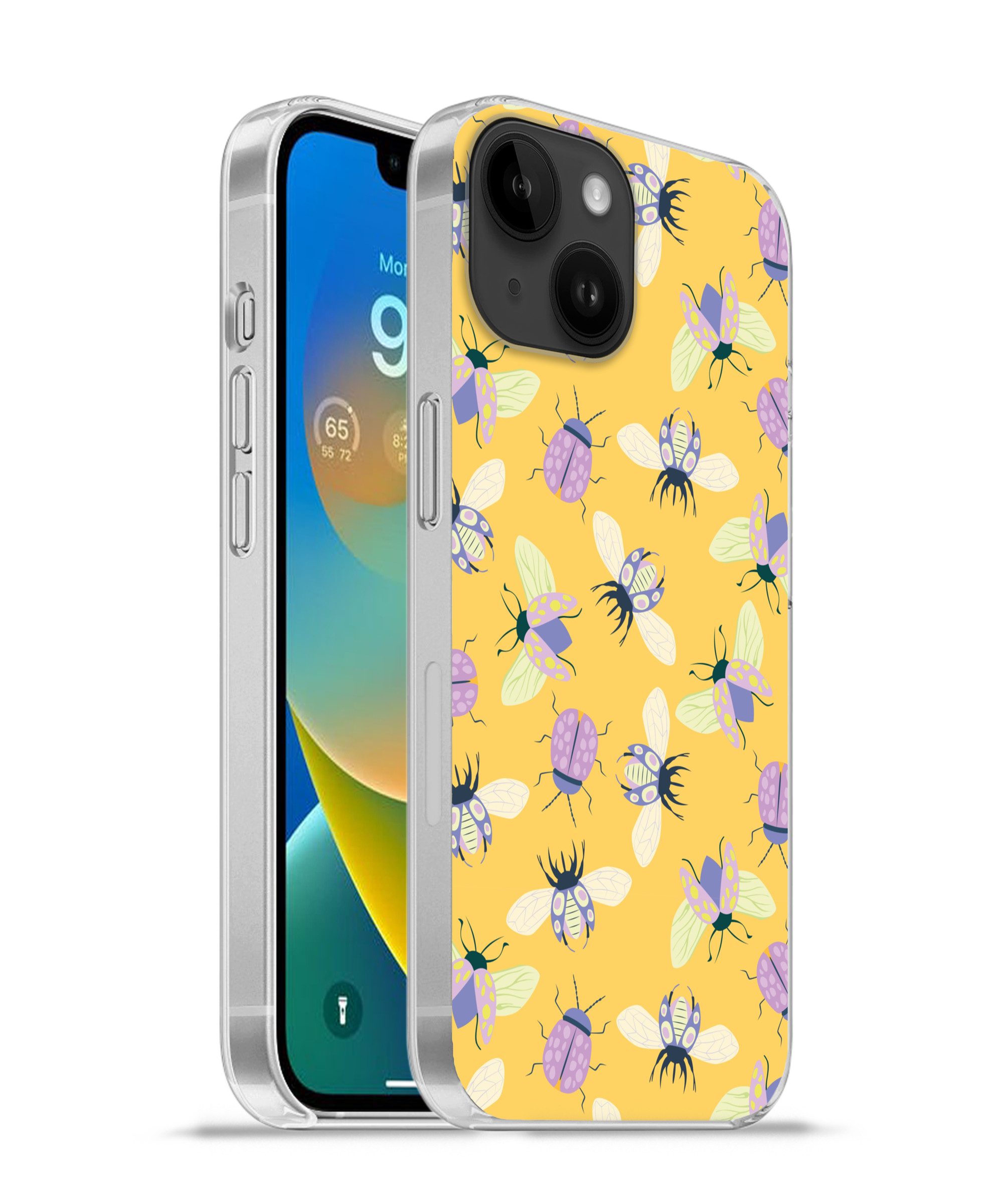 MuchoWow Handyhülle für Apple iPhone 14 Insekten - Muster - Gelb - Lila - Farbenfroh, Smartphone-Bumper, Print, Handy Schutzhülle Dünn