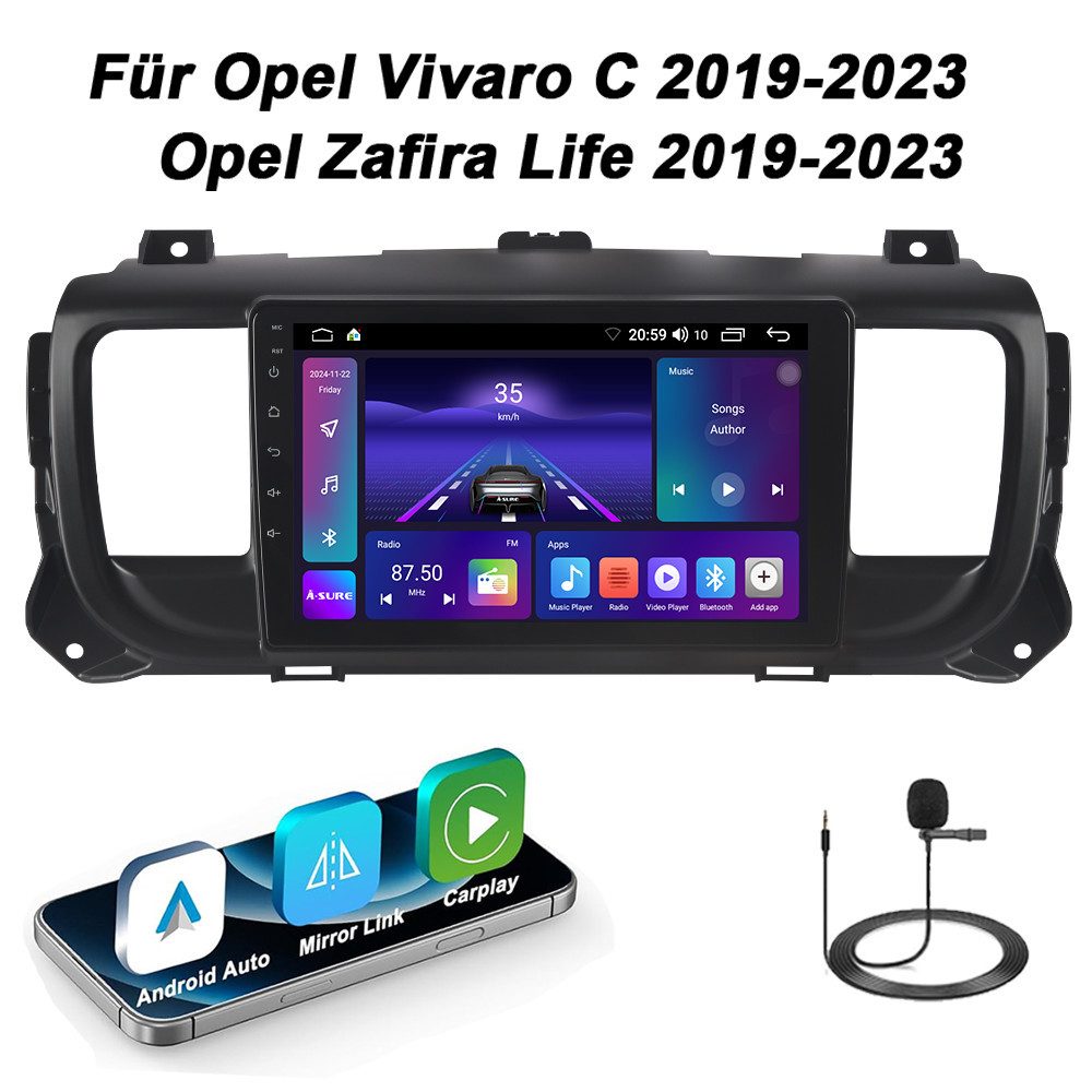 A-Sure Für Opel Vivaro C Zafira Life 2019-2023 4+64GB Apple Carplay GPS Navi Autoradio (Digitalradio (DAB), FM, AM, 1280*800 IPS Screen/8-Core CPU)