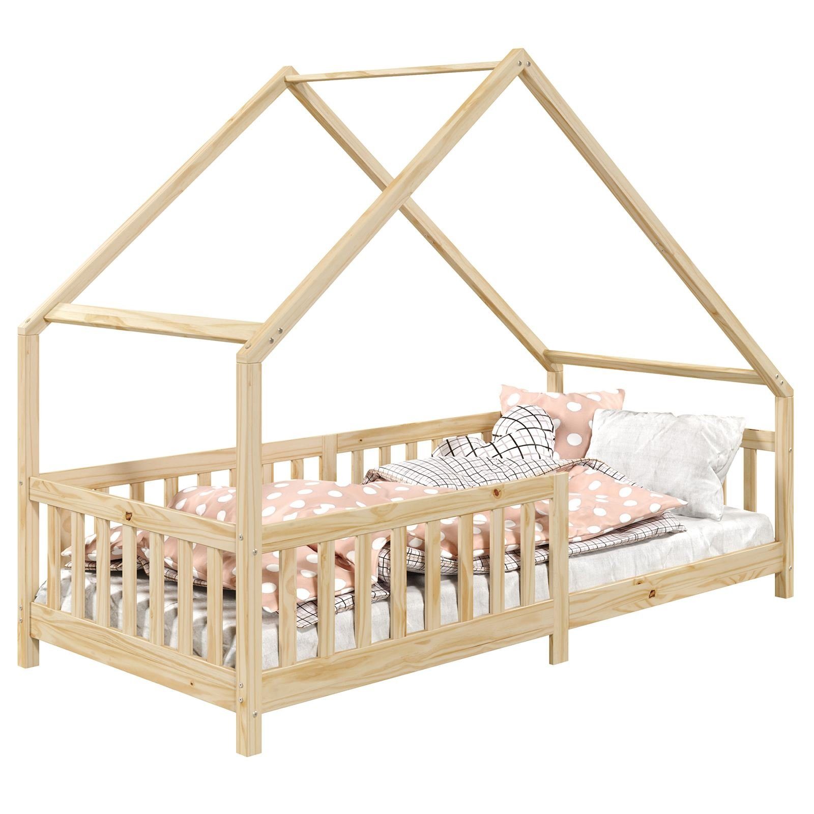 Bett Tipibett Montessori 90 Kinderbett x natur Kiefer IDIMEX 200 CORA, Rausf Kinderbett mit Hausbett