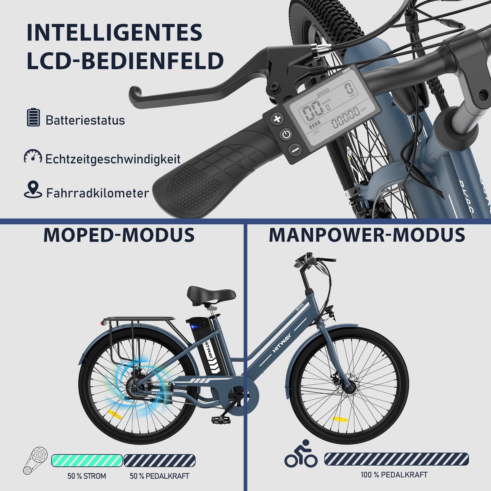 HITWAY E-Bike 26 Zoll Batterieladegerät/ 8.4AH für 36V 25km/h,35-70KM, E-Fahrrad Herren Damen Heckmotor, blau*2 Pumpe/Fahrradschloss