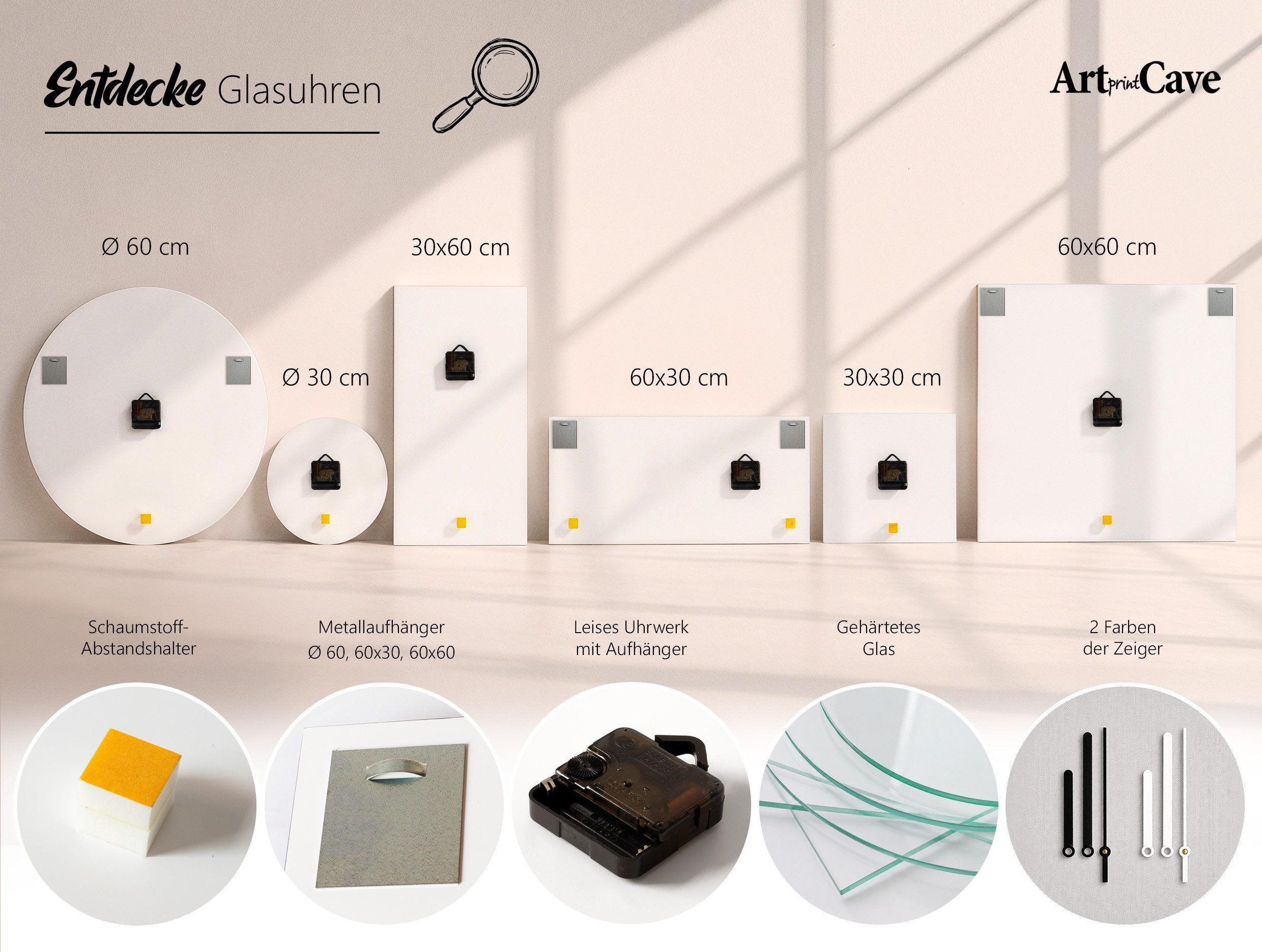 ArtPrintCave Wanduhr Moderne Wanduhr aus Glas mit 4 mm Floatglas und UV-beständigem Druck (Frühlingsharmonie, Türkis)