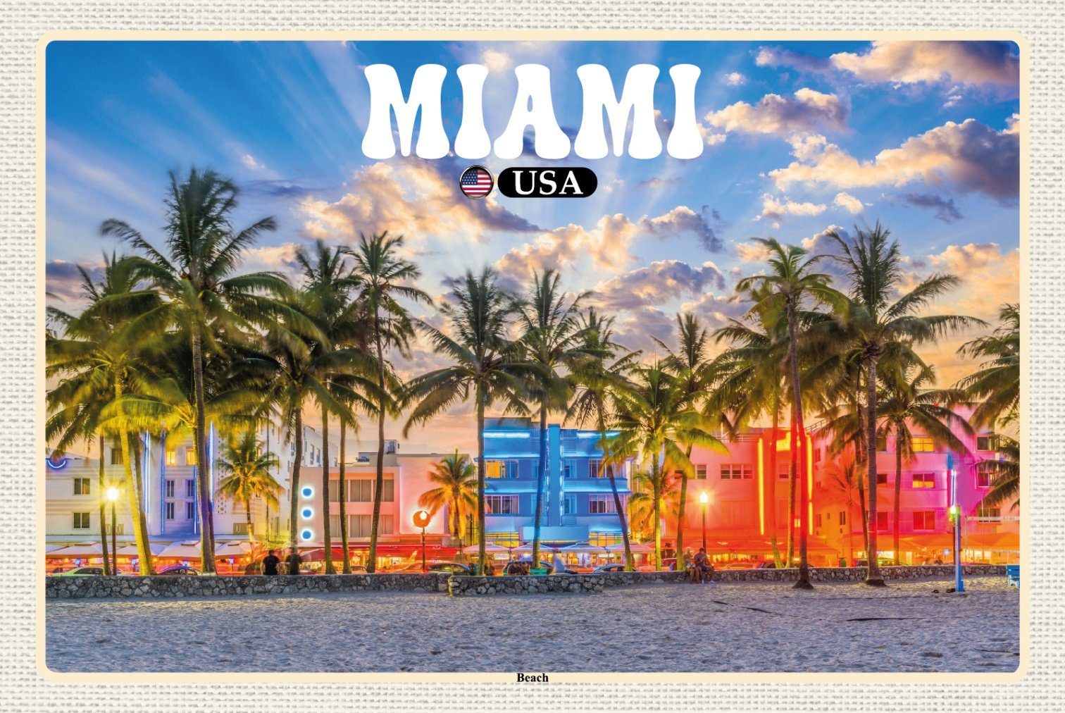 Metallschild Hebold Blechschild 30x20 cm Reise Miami USA Strand Palmen Urlaub Meta