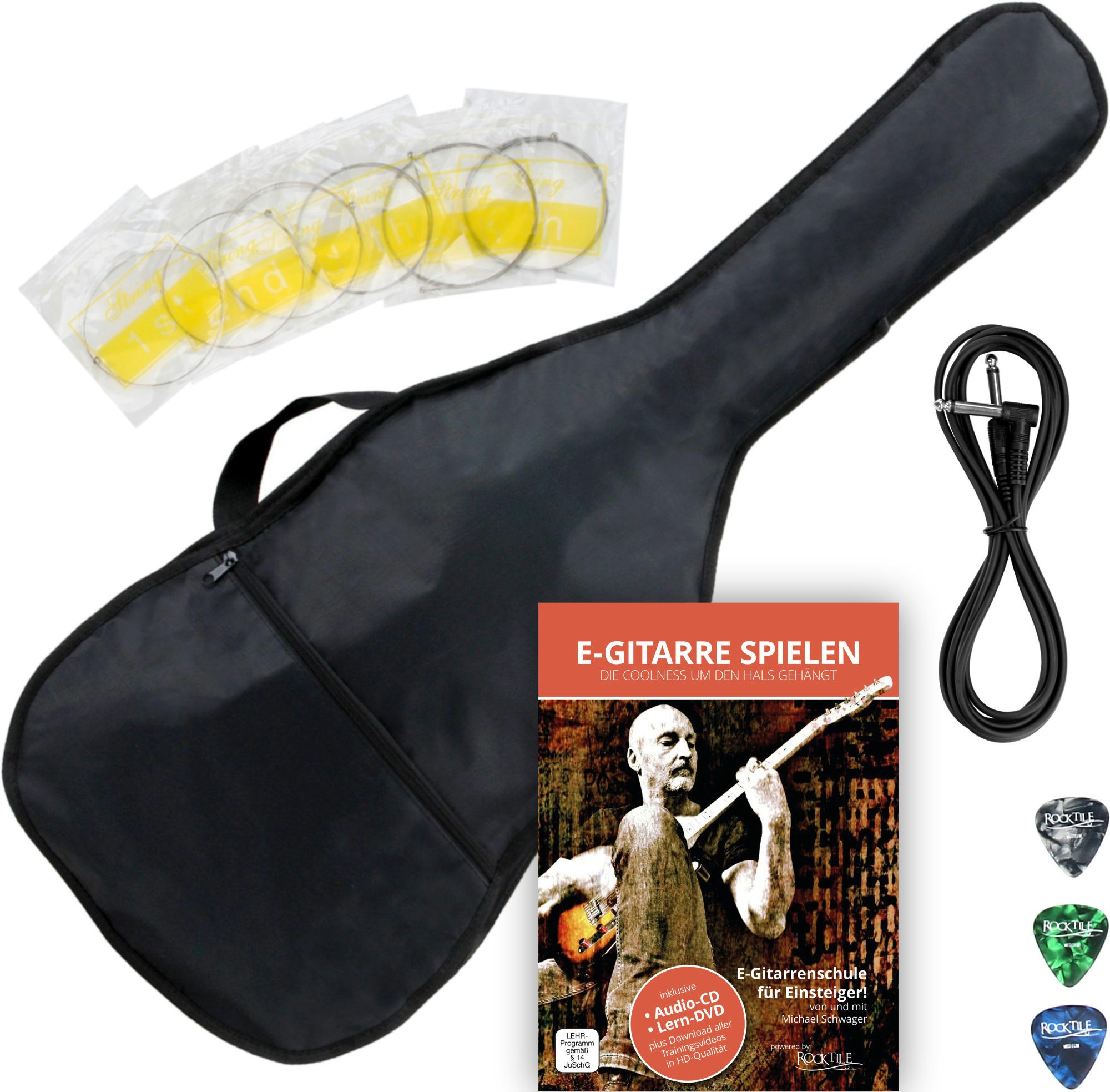Rocktile E-Gitarre Pro L-200BK elektrische Gitarre, Single Cut, Spar-Set, inkl. Gigbag, Kabel, Plektren, Schule & Saiten, 2 Humbucker - einmal mit EMG-HZ - 22 Bünde, Palisander Griffbrett
