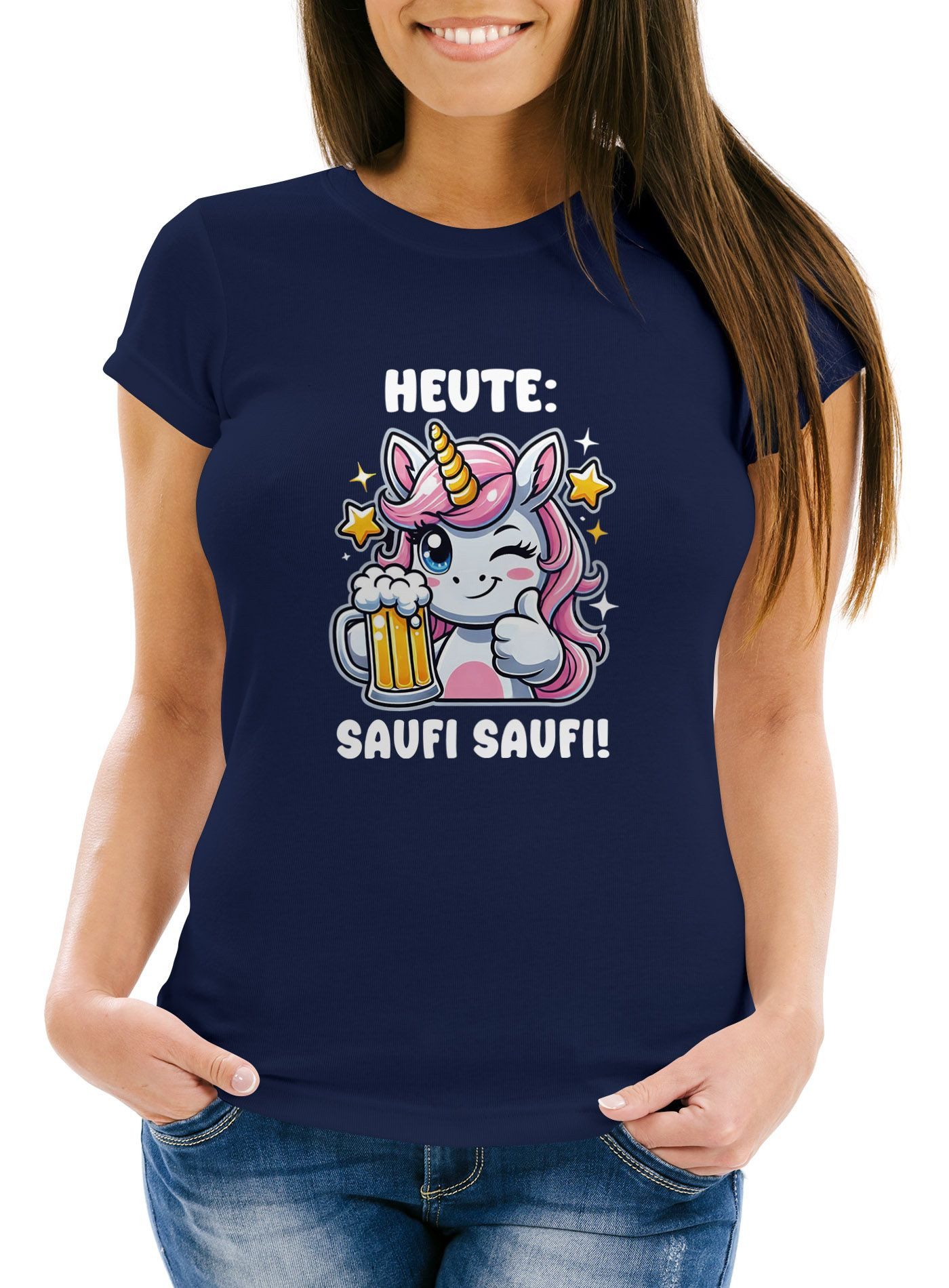 Print-Shirt Damen T-Shirt Einhorn Spruch Sauf Saufi Bier Frauen Party Feiern