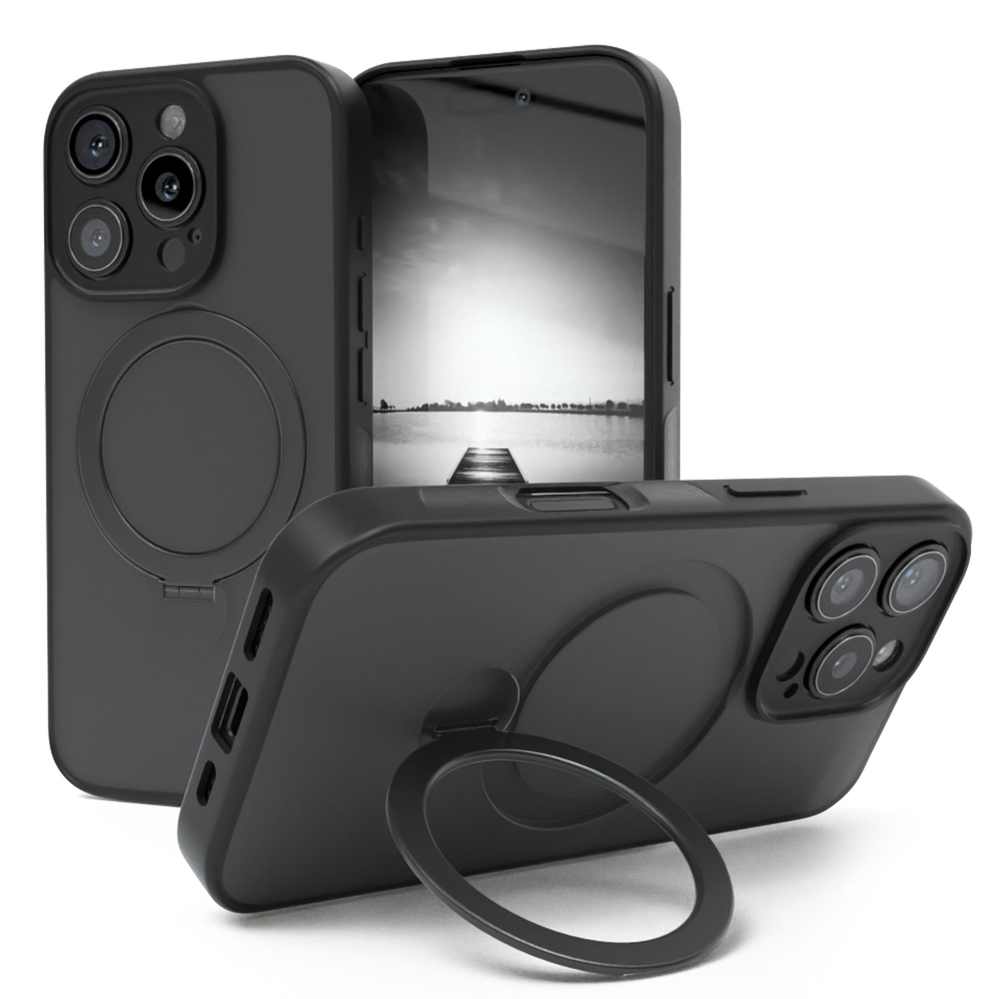EAZY CASE Handyhülle Outdoor iPhone 16 Pro Case MagSafe Ring 6,3 Zoll, Outdoor Handy Hülle Bumper Schutzhülle Slim mit Kameraschutz Schwarz