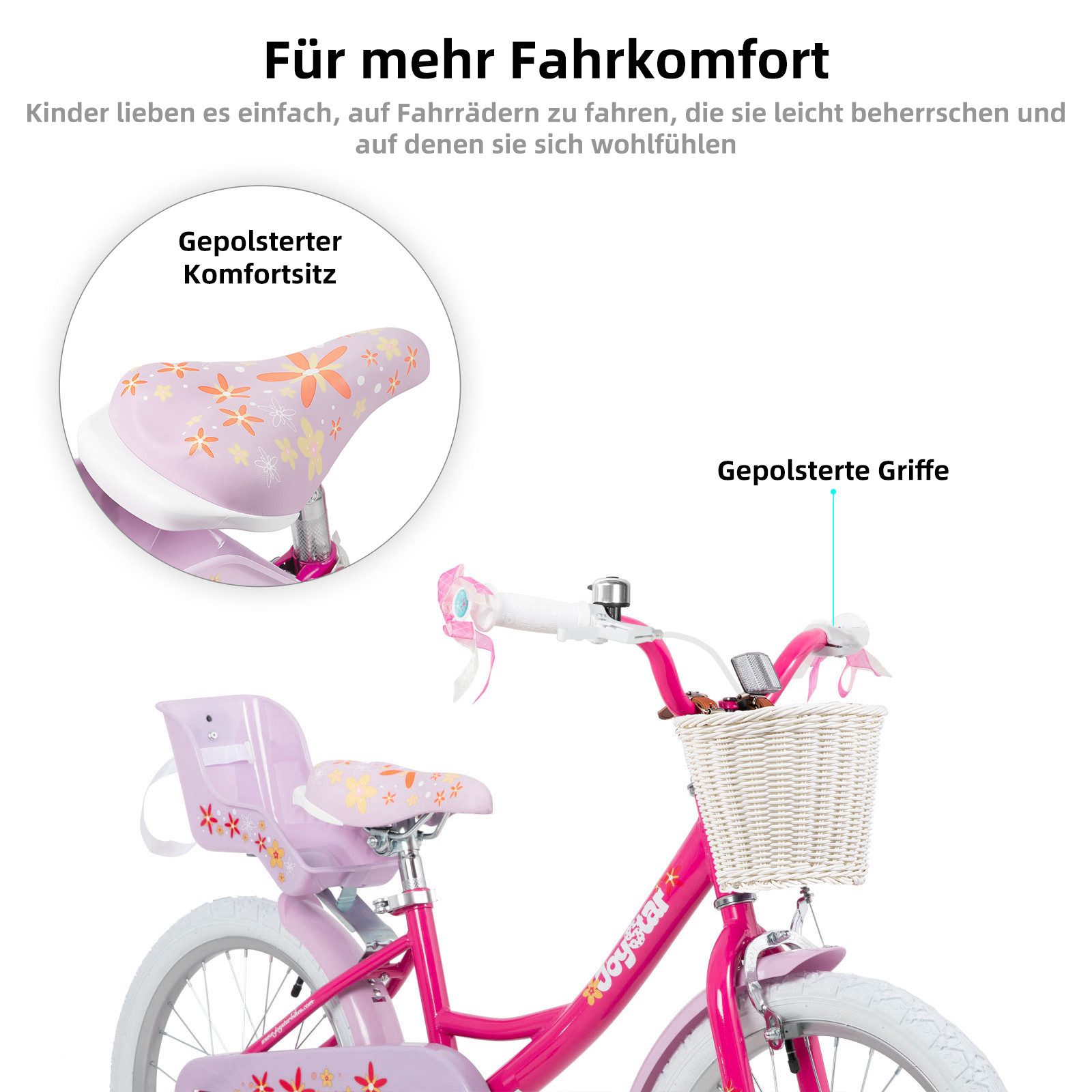 JOYSTAR Kinderfahrrad 12 14 16 18 Zoll Mädchenfahrrad, 2-9 Jahre, Geschenk für Prinzessin, 1 Gang, Puppenradsitz & Stützrädern& Korbstreamer, 18 Zoll mit Stützr – Bild 5 von 5