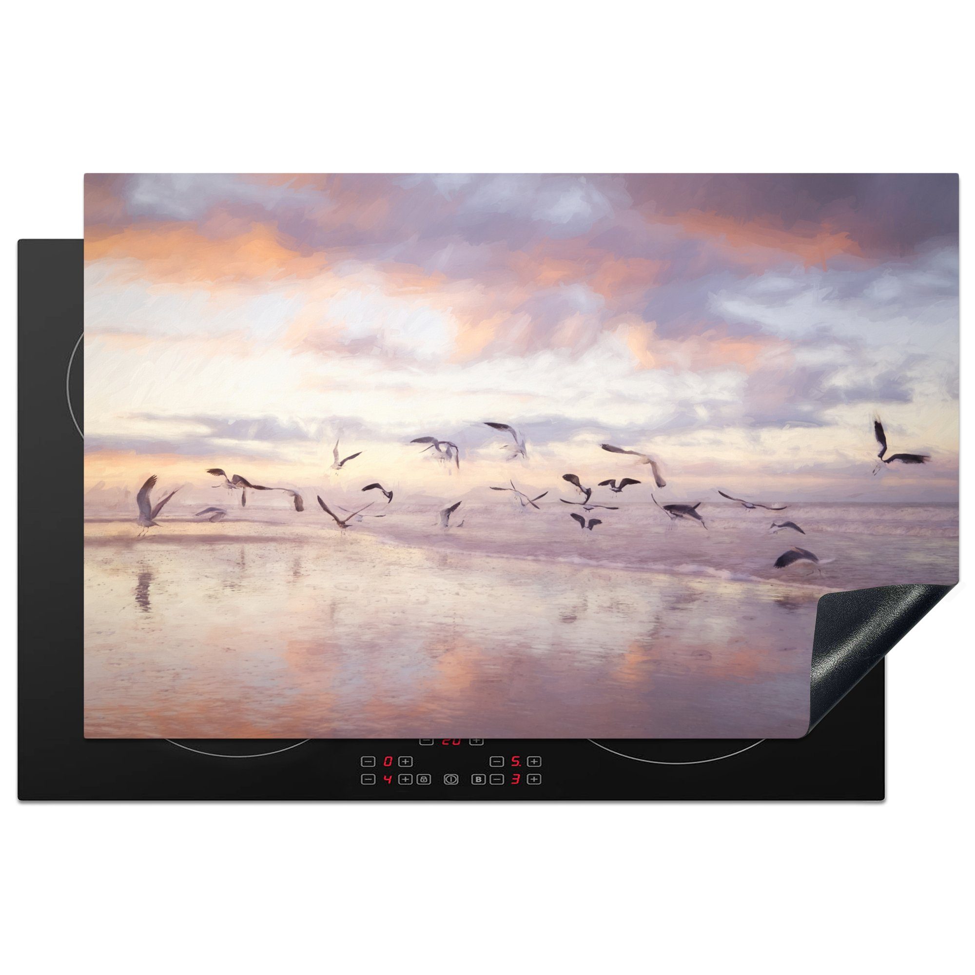 MuchoWow Herdblende-/Abdeckplatte Vögel fliegen bei Sonnenuntergang über dem Meer in Fort Myers Beach, Vinyl, (1 tlg), 81x52 cm, Induktionskochfeld Schutz für die küche, Ceranfeldabdeckung