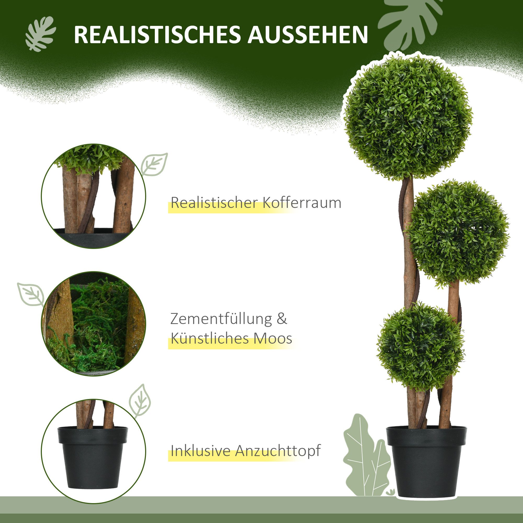 Kunstpflanze Künstliche Pflanze wie echt, Kunstbaum mit 3 Kugeln für Wohnzimmer Buchsbaum, Bambus, HOMCOM, Höhe 110 cm, UV-beständig, im Topf, pflegeleicht – Bild 4 von 5