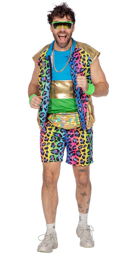 Karneval-Klamotten Kostüm 80er Jahre Herren Bad Taste Panther Set neon, Party Eighties Herrenkostüm Männerkostüm Assi Proll Karneval Fasching