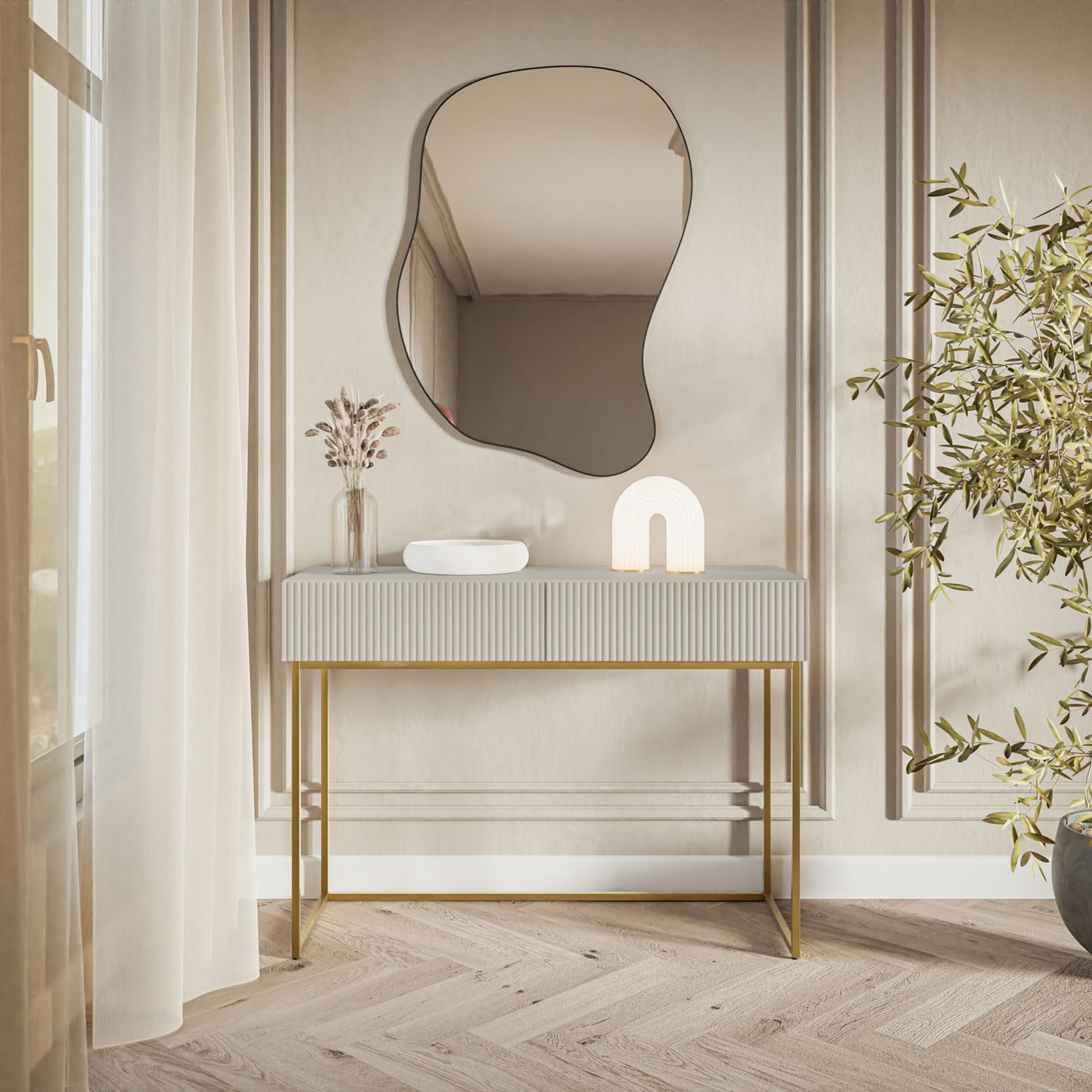 Selsey Schminktisch VELDIO, 2 Schubladen mit geriffelten Fronten, goldfarbenes Metallgestell