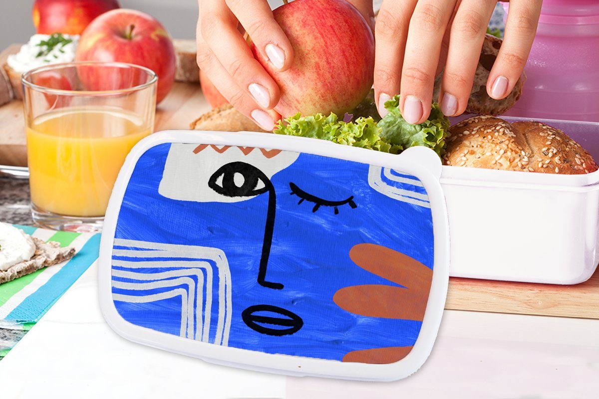 MuchoWow Lunchbox Gesicht für Kunststoff, Erwachsene, Jungs Blau Mädchen und Kinder und Brotbox Abstrakt, weiß - Brotdose, - (2-tlg), für