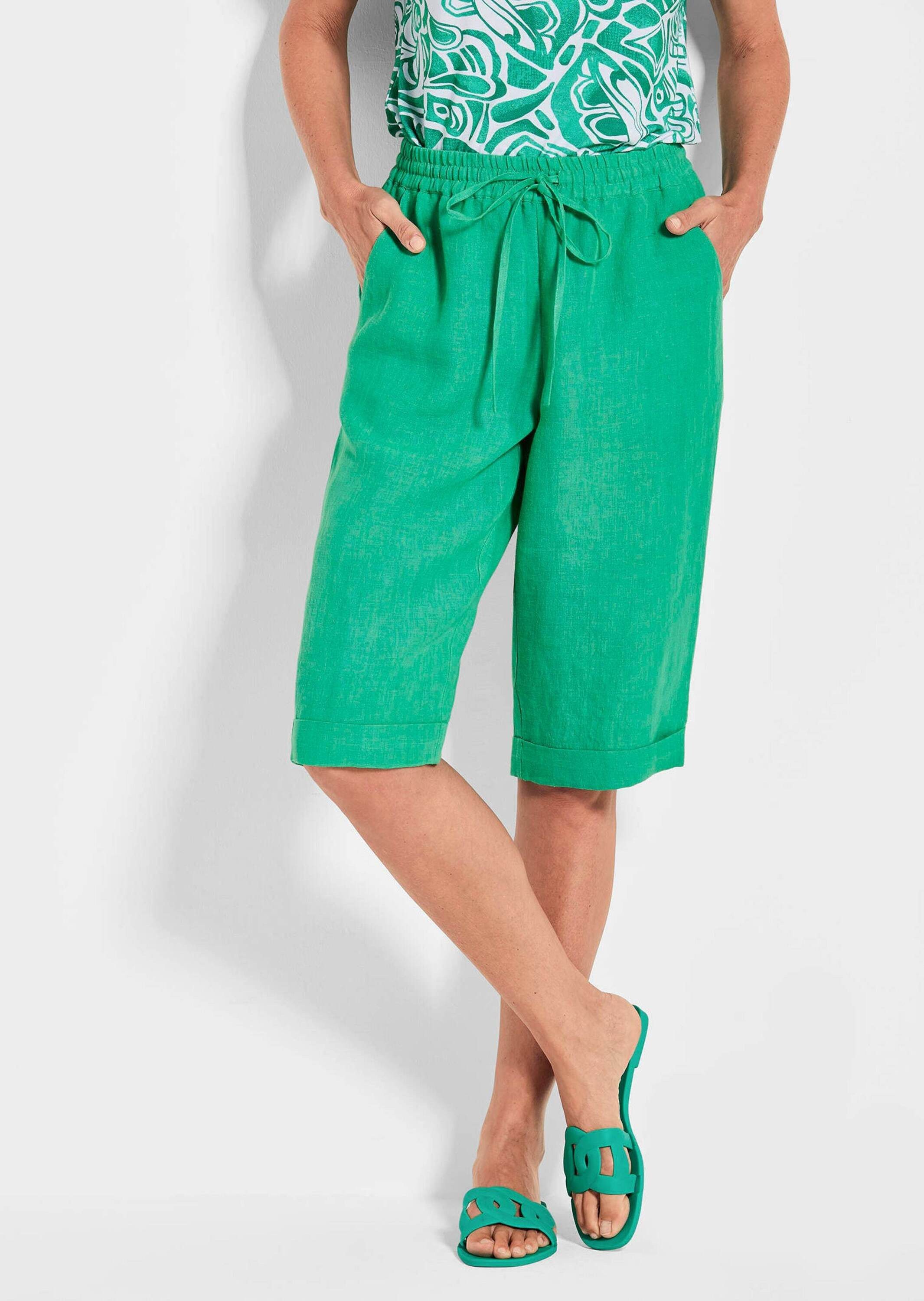 GOLDNER Schlupfhose Kurzgröße: Sportliche CARLA Midihose Luftige Bermuda mit Schlupfbund, Taschen, sommerlich, Leinen, Uni