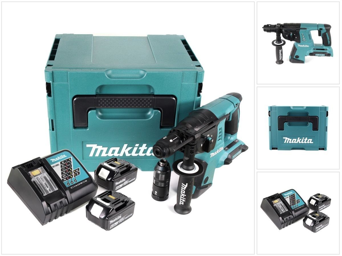 Makita Schlagbohrmaschine Makita DHR 264 2x 18 V / 36 V Akku-Bohrhammer  SDS-PLUS im Makpac + 2x BL 1860 6,0 Ah Akku + DC18RC Schnellladegerät