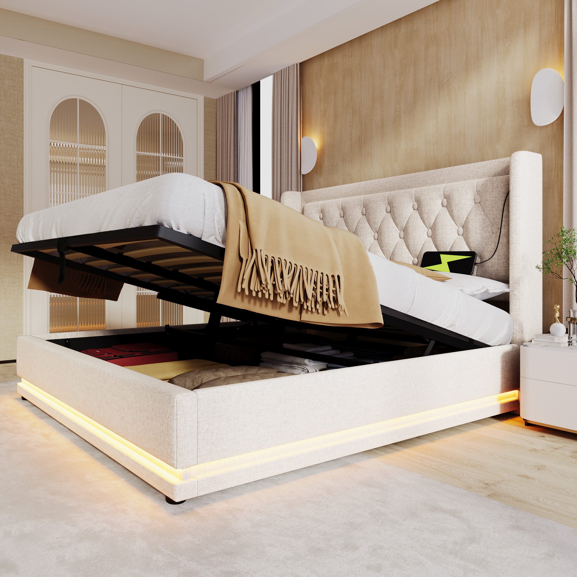 Flieks Polsterbett, LED Hydraulisches Stauraumbett Doppelbett günstig online kaufen
