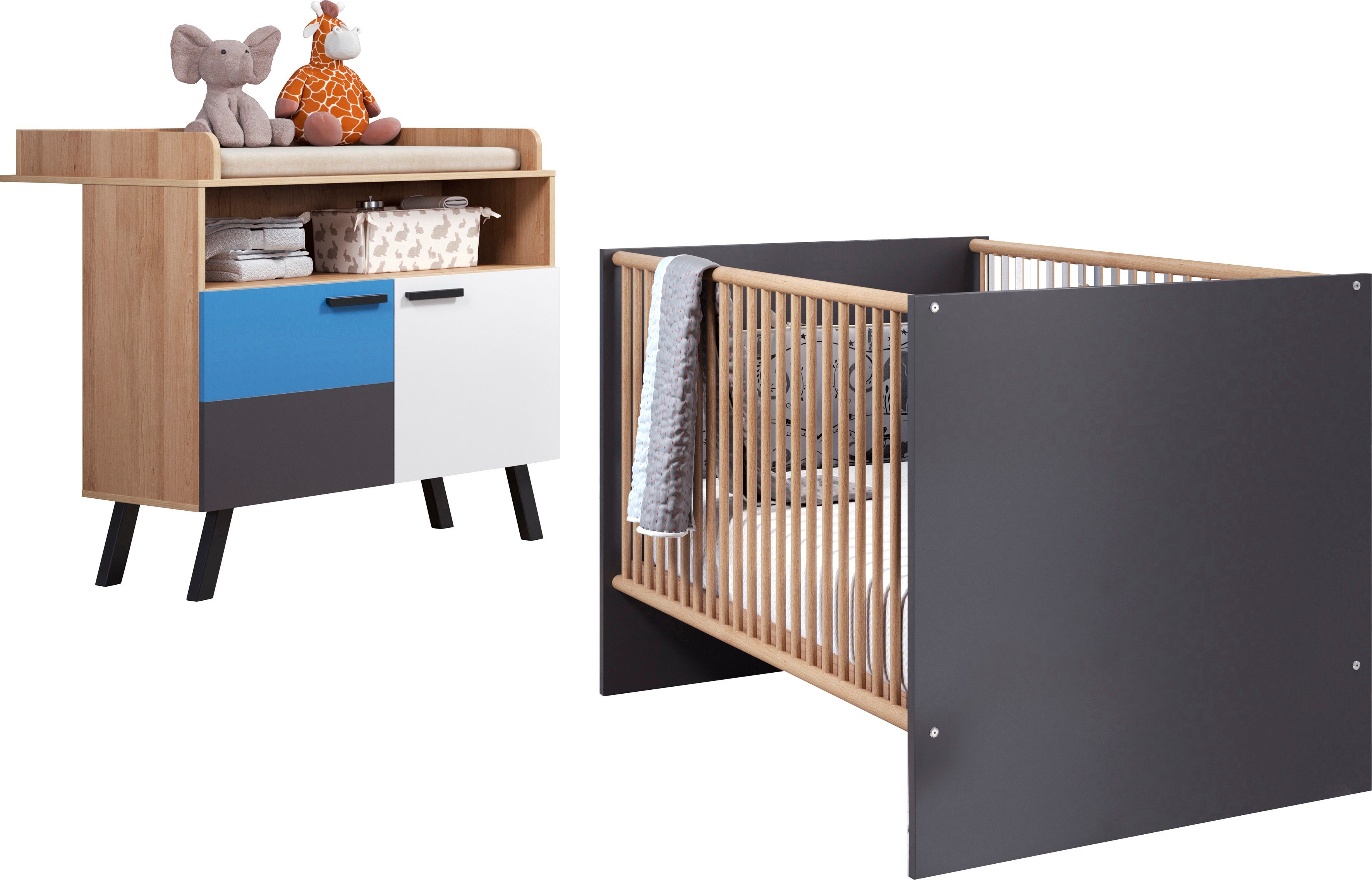 trendteam Babymöbel-Set Mats, (2-St), neutrales Design Bianco Buche Nachbildung/Weiß/Graphit/Blau/Rosa/Grau Melamin/Eiche Sägerau/Bett grau | Babymöbel-Sets