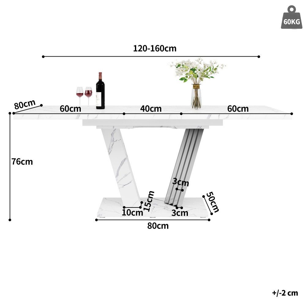 TavilaEcon Esstisch Ausziehtisch mit Marmorplatte, Küchentisch mit ausziehbarem Blatt (1-St), mit Schmetterlings-Gestell für Küche & Wohnzimmer, 120-160x80x76 c – Bild 4 von 5