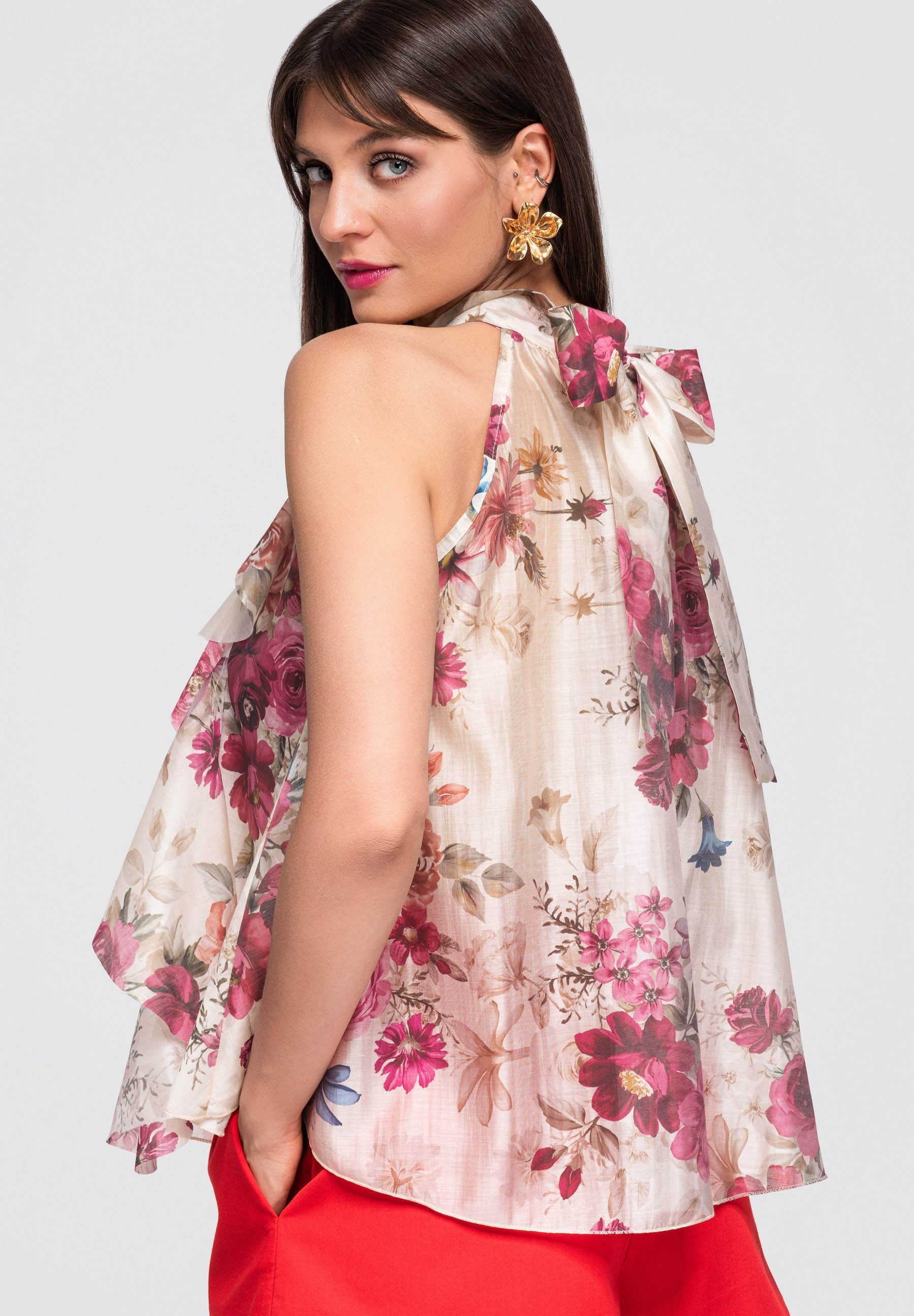 OMBRE Blusentop Damen Blusentop mit floralem Muster und Halterdekolleté Rose ONESIZE (kein Set, 1-tlg) florales Muster, kaskadierende Rüschen