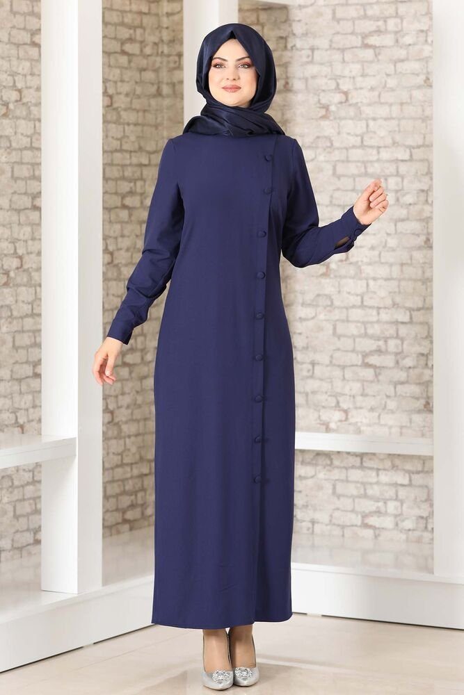 Knöpfen Abaya Fashion Modavitrini mit Navy-Blau Kleid aus Abendkleid Hijab Kreppstoff Hemdblusenkleid Modest