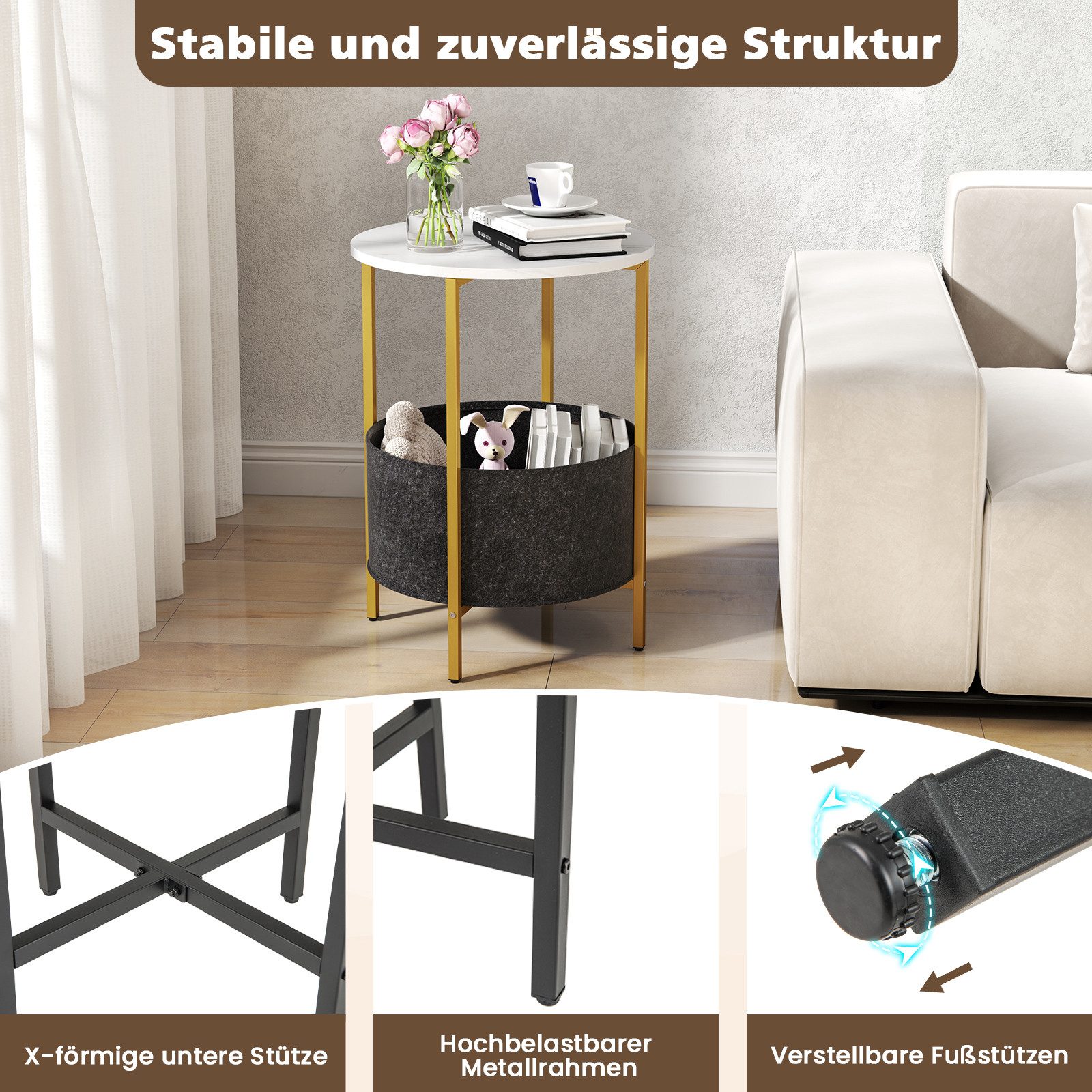 COSTWAY Beistelltisch, rund, mit Stoffkorb, Marmor, 2 Ebenen Nachttisch