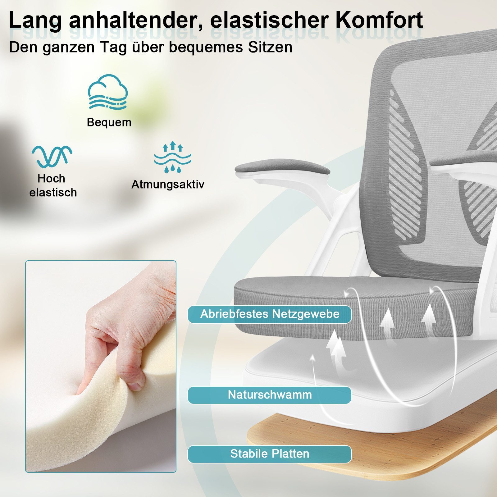 Milacyee Bürostuhl Ergonomischer Bürostuhl mit 90° klappbaren, gepolsterten Armlehnen (Höhenverstellbarer Atmungsaktiv Chefsessel mit geräuscharmen Rollen,Drehs – Bild 4 von 5