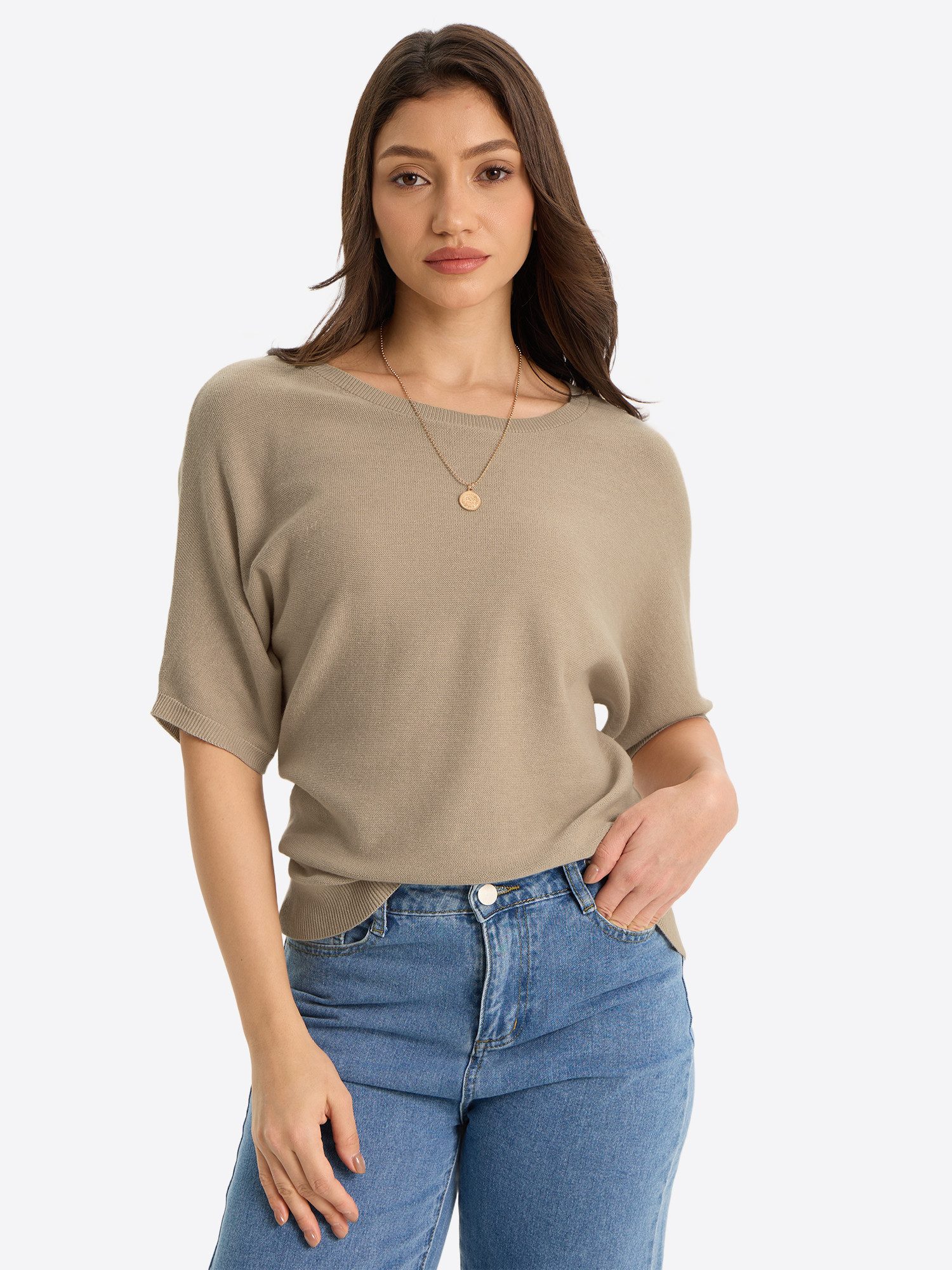 Imily Bela Strickpullover Damen Pullover mit Fledermausärmeln (Packung, 1-tlg., 1per-Pack) Halbarm