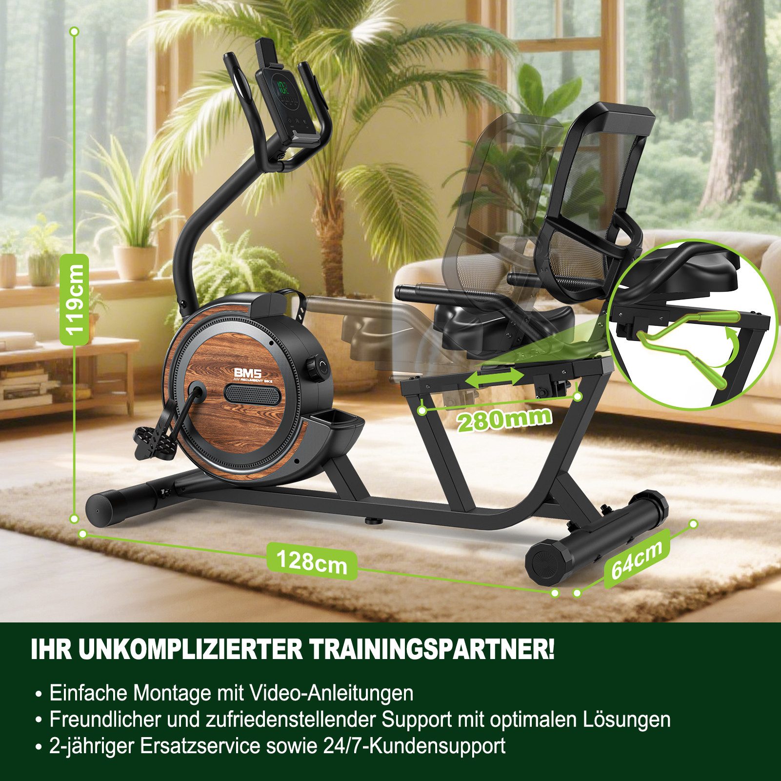 VOWVIT Liege-Heimtrainer mit 16-stufigem Magnetwiderstand, bis 150 kg Traglast (1-tlg), Bluetooth Heimtrainer mit verstellbarem Sitz und beleuchtetem Display – Bild 2 von 5