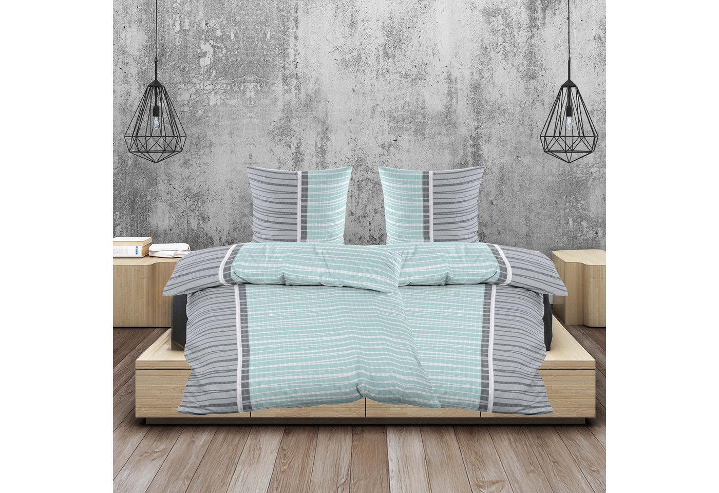 Casa Colori Bettwäsche Seersucker Garnitur 135x200 Reißverschluss in Grau Mint gestreift, Seersucker, 4 teilig, luftig leichte Sommerbettwäsche