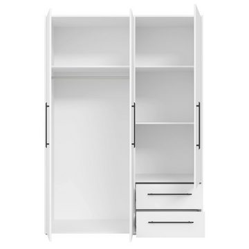 FORTE Drehtürenschrank MOKKARIS, Weiß matt, 3 Türen, 2 Schubladen, 3 Einlegeböden, 1 Kleiderstange, B 144 x H 200 x T 59 cm