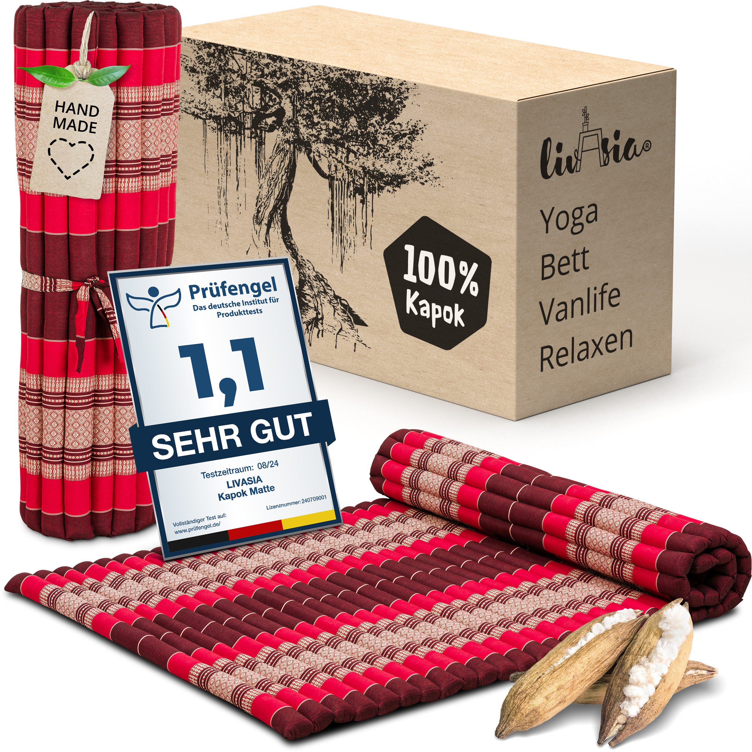 Reisebett-Matratzen Rollmatte 110 cm breit, vegan und handgefertigt, 200x110x4,5cm, livasia, Kapok