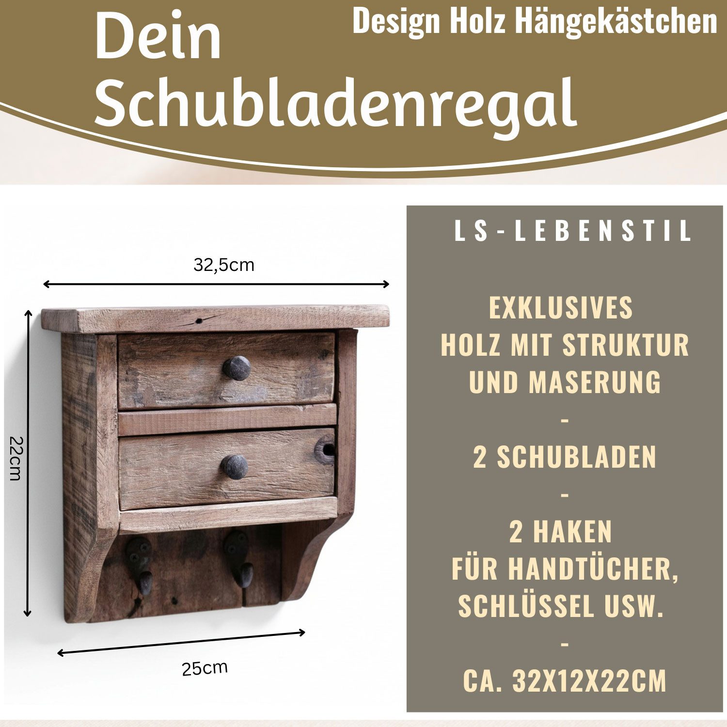 LS-LebenStil Küchenregal Vintage Dehli 25cm hängend Schubladenregal Wandregal Wandboard, Schlüsselkasten Gewürzregal Hängeregal Holzregal 1-tlg., 2 Schubladen, 2 Haken für Handtücher oder Küchtentücher