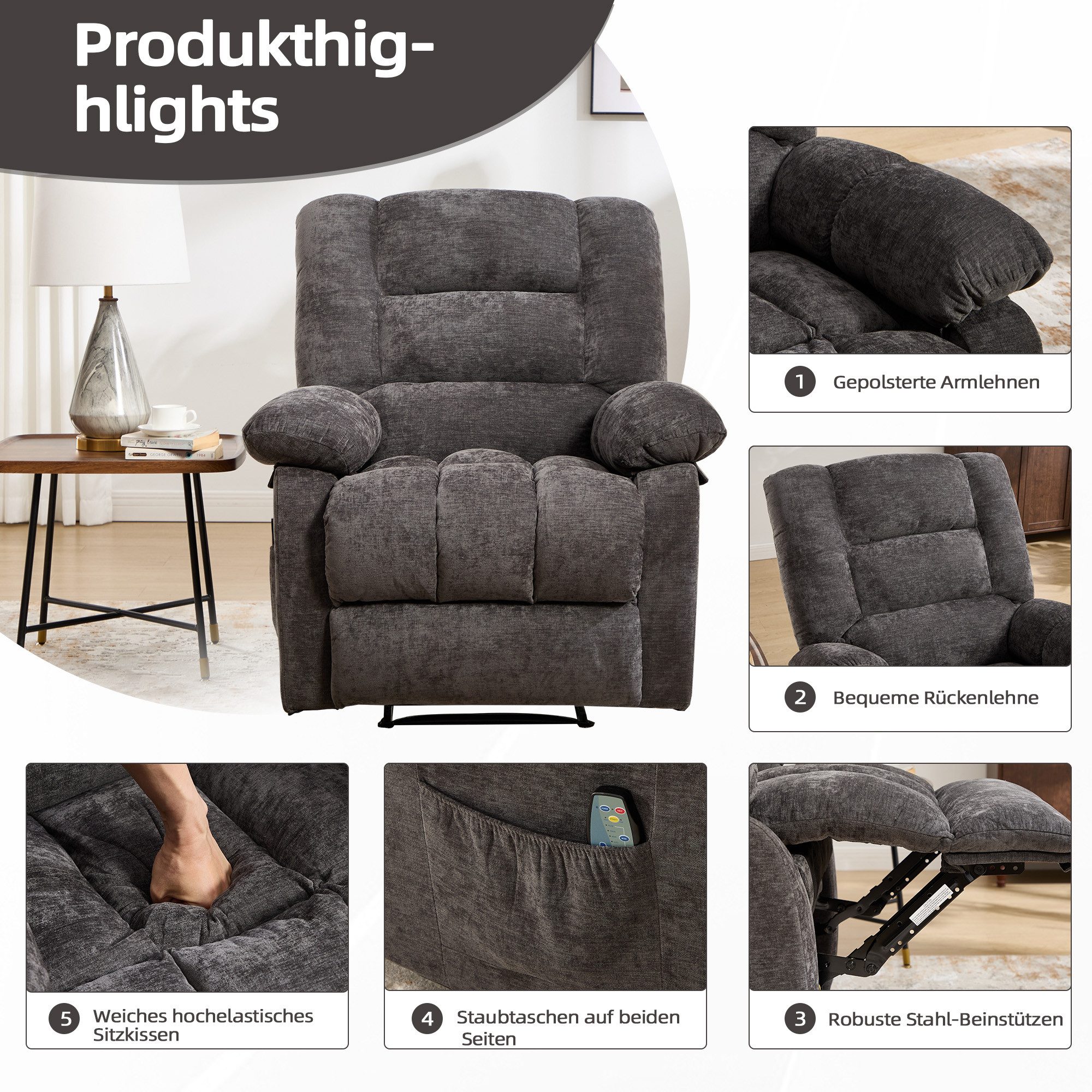 CANMOV Relaxsessel verstellbarer Massagesessel mit Liegefunktion und Wärmefunktion, Ergonomisch Lesesessel mit Seitentasche, 90°-160° – Bild 3 von 5