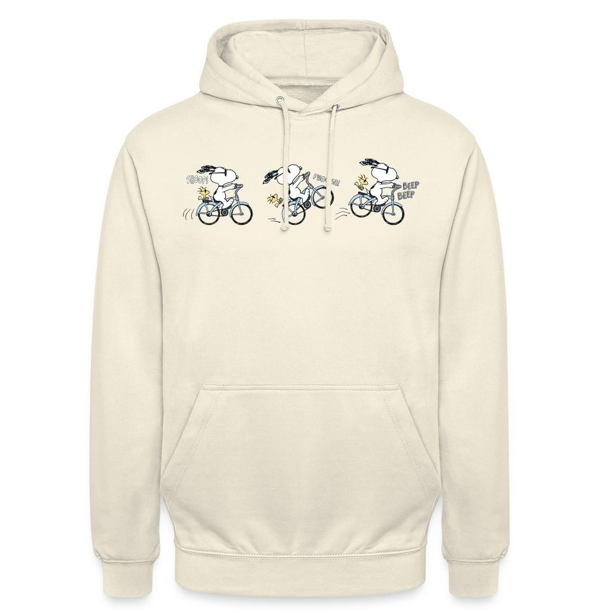 Spreadshirt Hoodie Peanuts Snoopy Auf Fahrrad Unisex Hoodie (1-tlg) Unisex-Schnitt: Sitzt bei Männern körpernah, bei Frauen weit