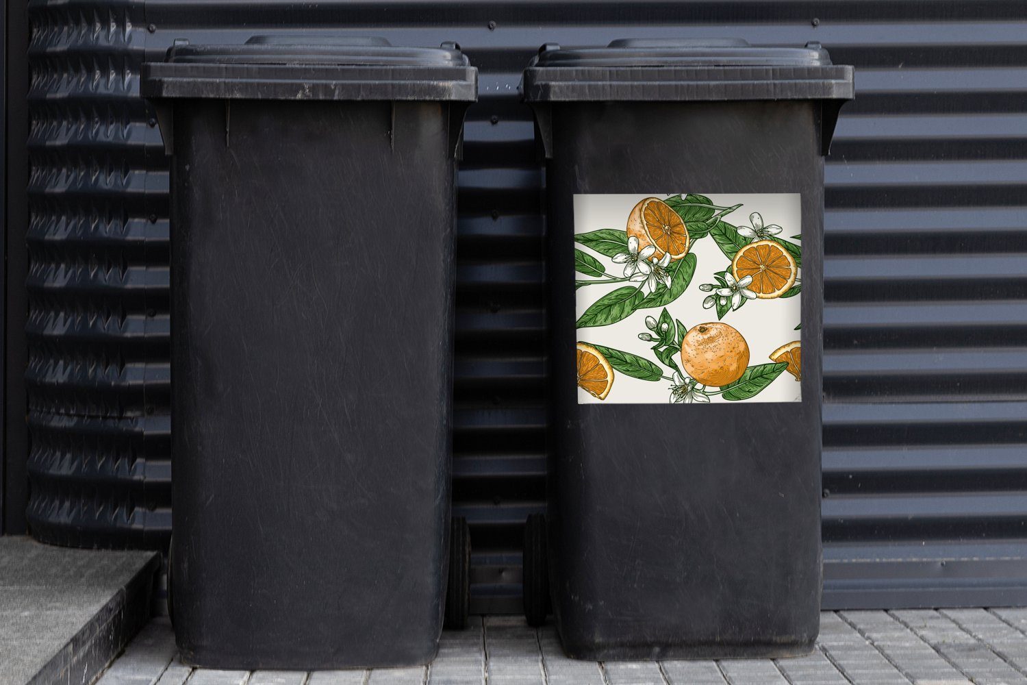 Illustration Mülleimer-aufkleber, Orangen Abfalbehälter und Blüten (1 Mülltonne, Container, Sticker, Wandsticker MuchoWow St), von
