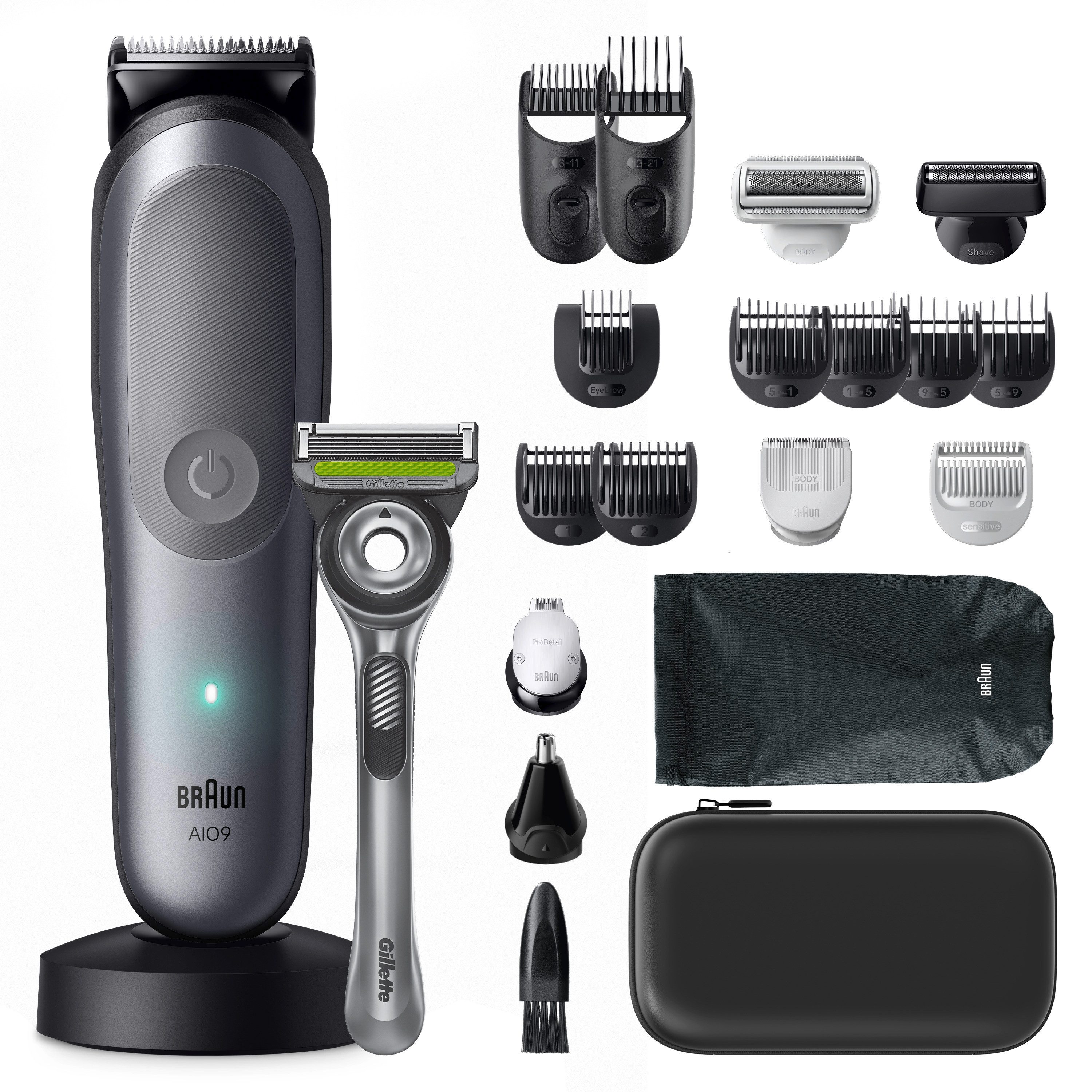 Braun Haarschneider Series 9 AIO9540, 20-in-1, BodyGentle Modus, 120 Min Akku, Gillette Labs Rasierer, Grau