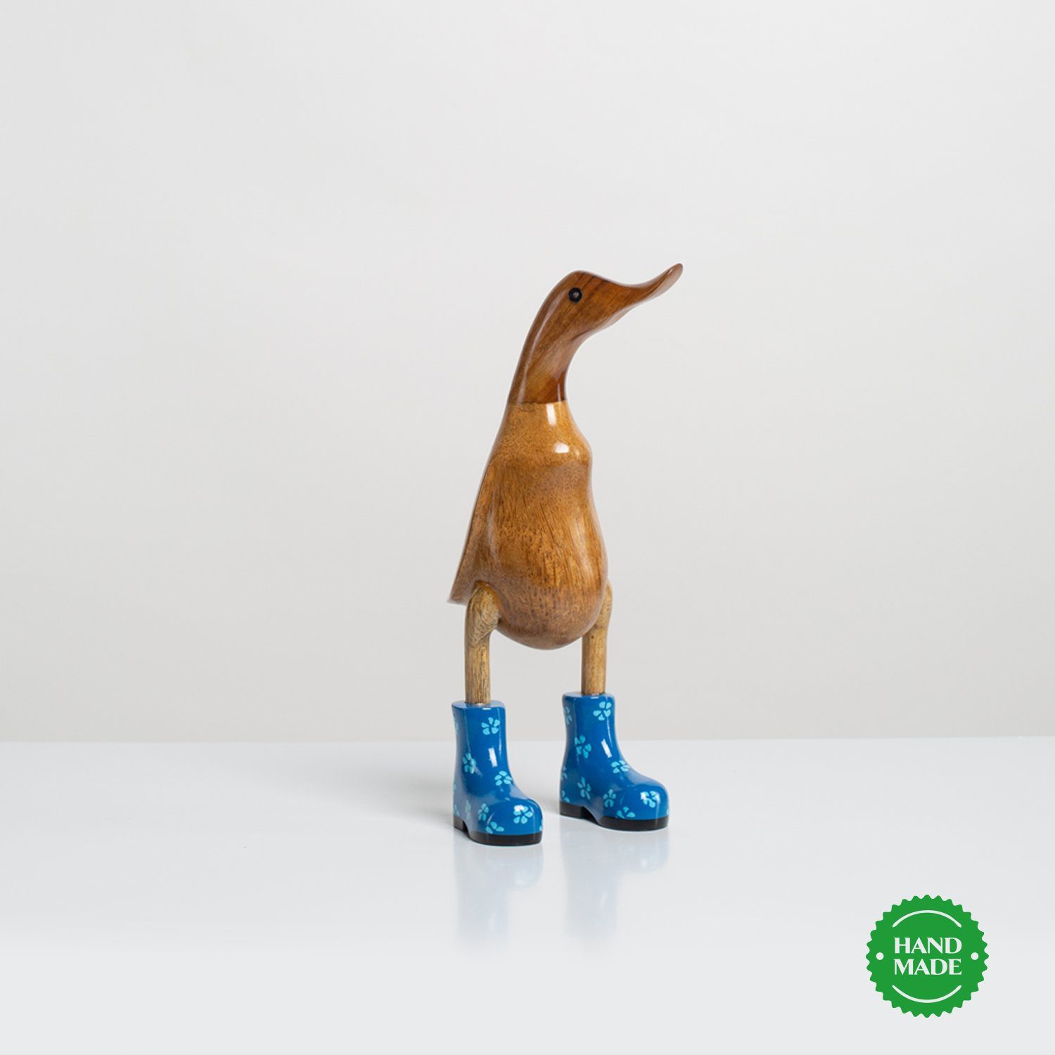 Rikmani Dekofigur Holzfigur Ente Stiefel - Handgefertigte Dekoration aus Holz Geschenk (3-er Set), 3 Holzarten blau_geblümt