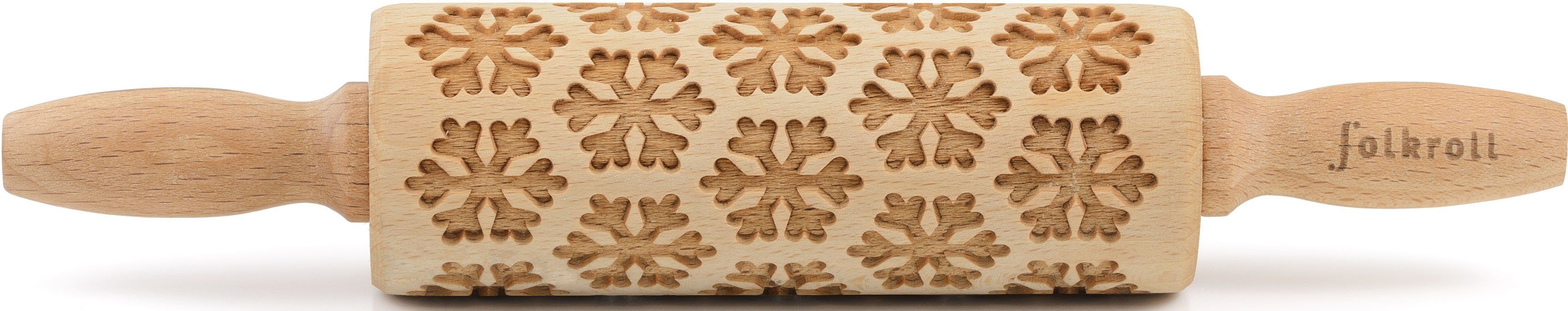folkroll Teigroller 3D-Motiv-Teigrolle Massivholz, Schneeflocken