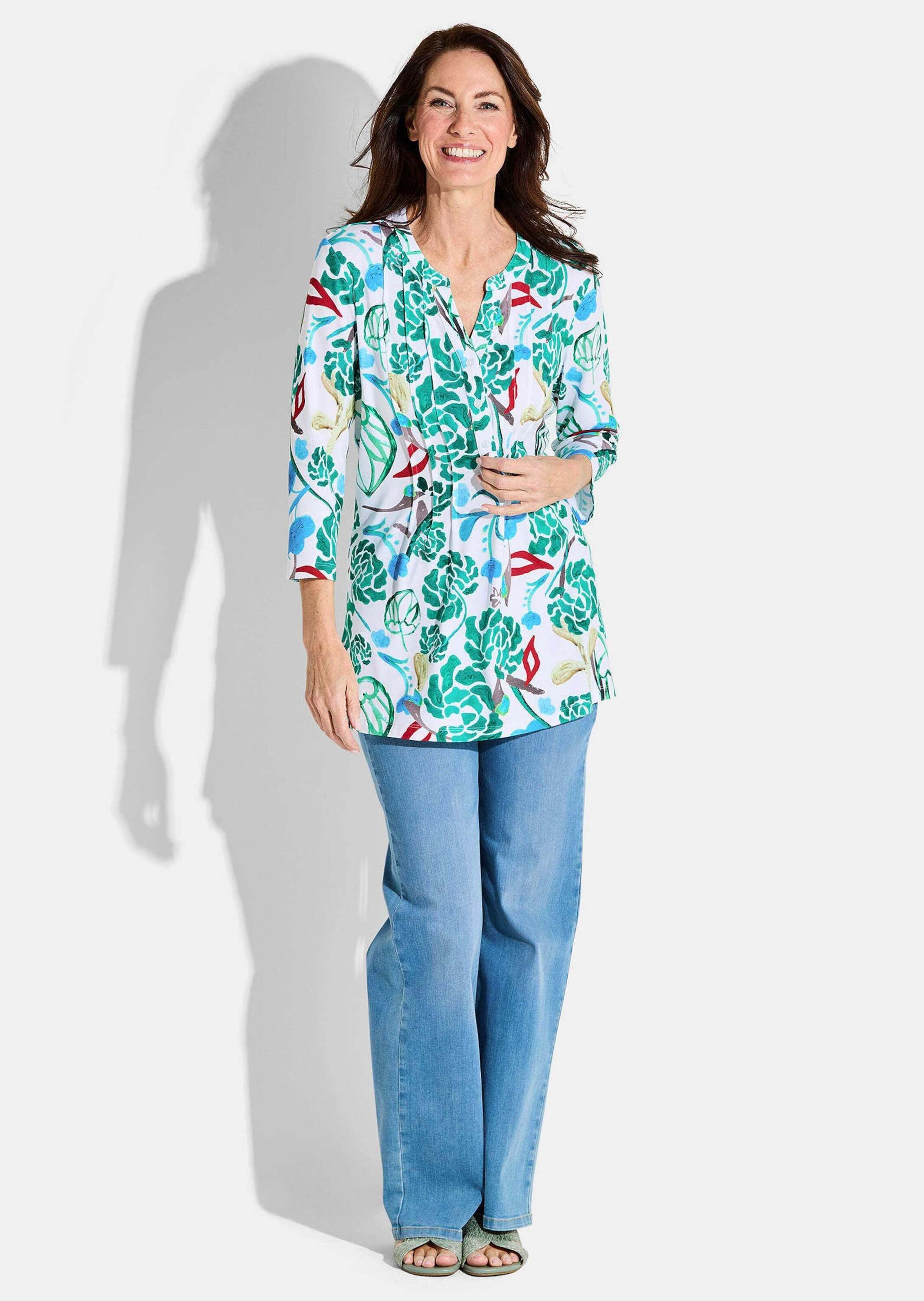 GOLDNER Tunika Kurzgröße: Halbarm Tunika mit Allover-Print Bluse mit frischen Farben, Rundhals, Knopfleiste, 3/4-Arm