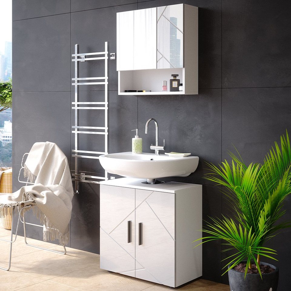 vicco badezimmer-set badmöbel badezimmermöbel irma weiß hochglanz set 1,  (3-er set, 2-st., spiegelschrank,waschbeckenunterschrank,badschrank)