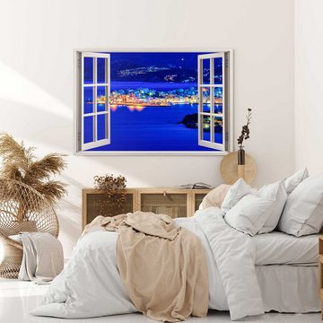 Sinus Art Leinwandbild Wandbild 120x80cm Fensterbild Küstenstadt bei Nacht Blau Dunkelblau St, (1 St)