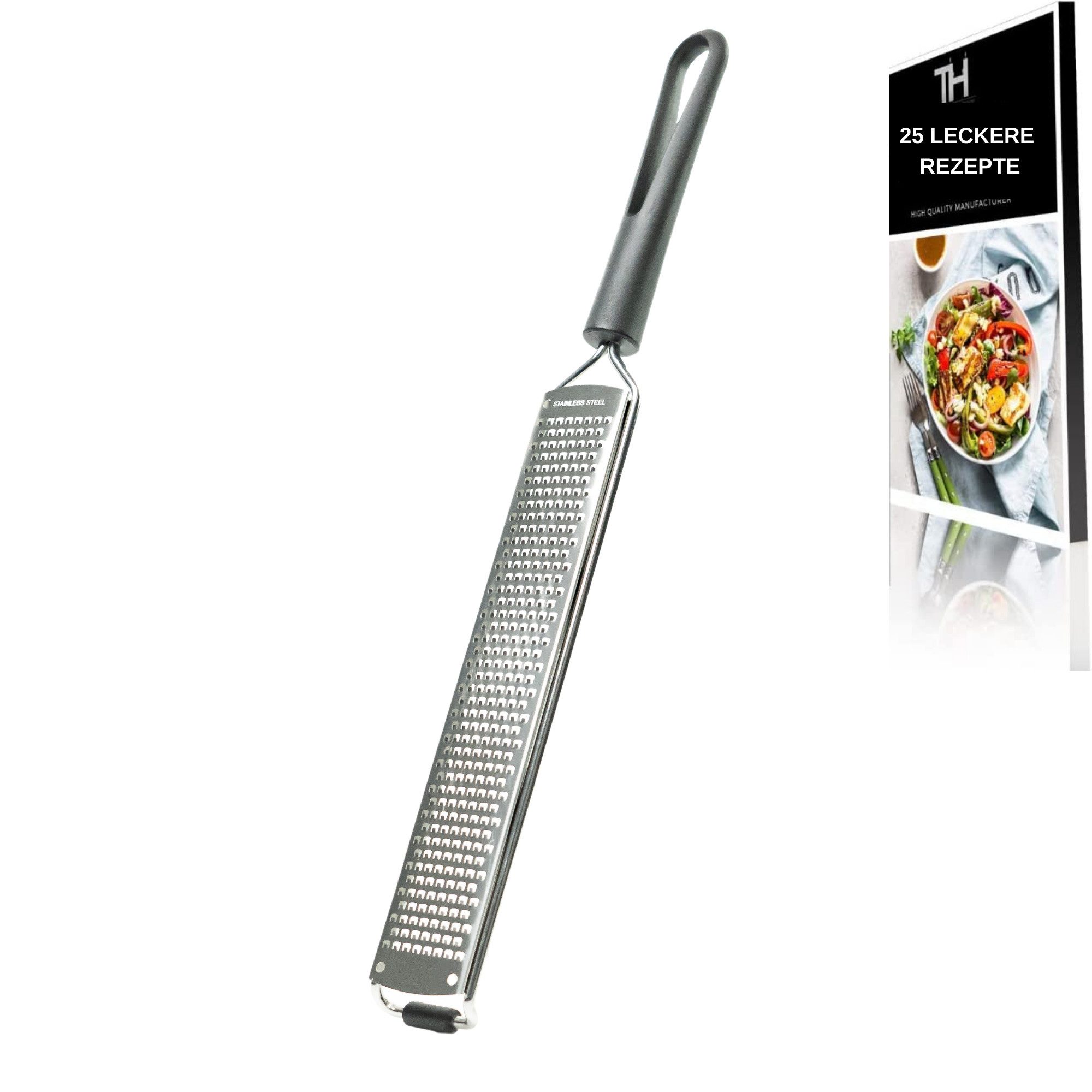 Thiru Multireibe Premium mit Edelstahl Klingen und rutschfestem Fuß inkl. Schutzelement, Grob, Messerscharfe Klingen, inklusive Schutzelemt und Rezeptbuch