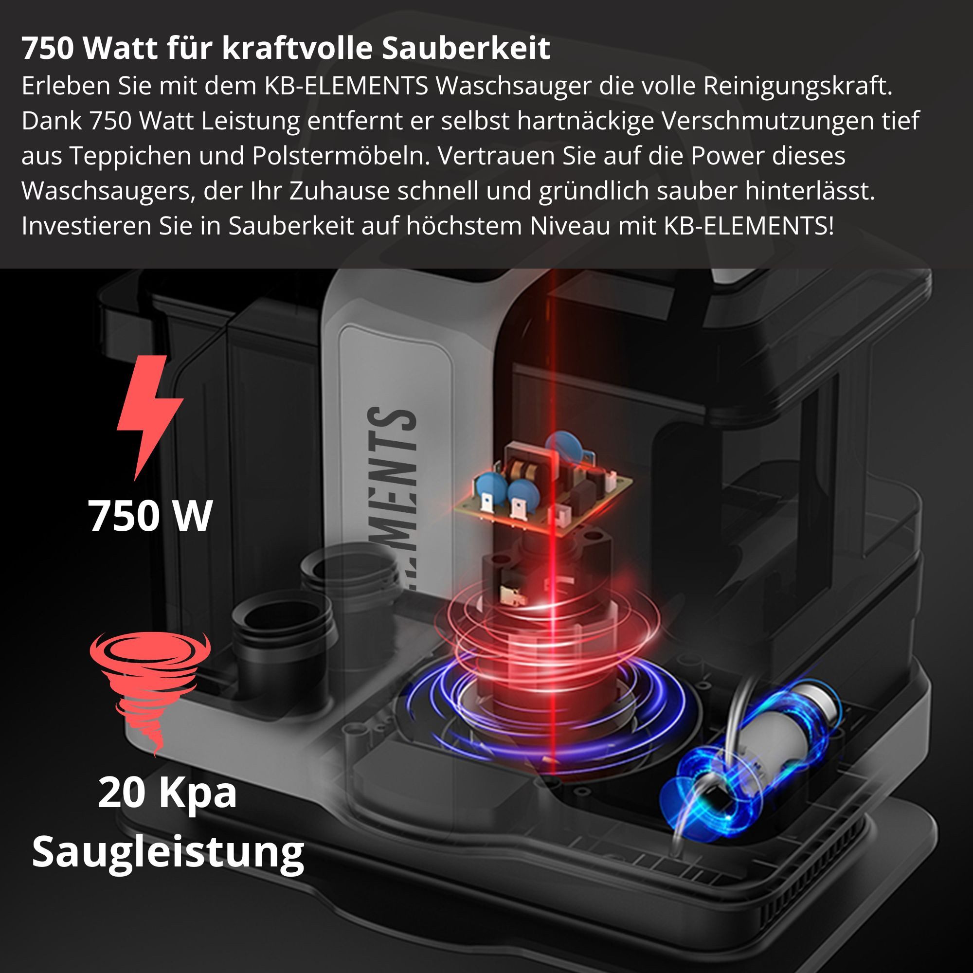 KB Elements Wasch-Sauger Teppichreinigungsgerät, Polsterreiniger gerät, Waschsauger, ELK223VSW, 750,00 W, Beutellos, Fenster- und Fliesenaufsatz, 750 Watt, 5 Meter Kabellänge