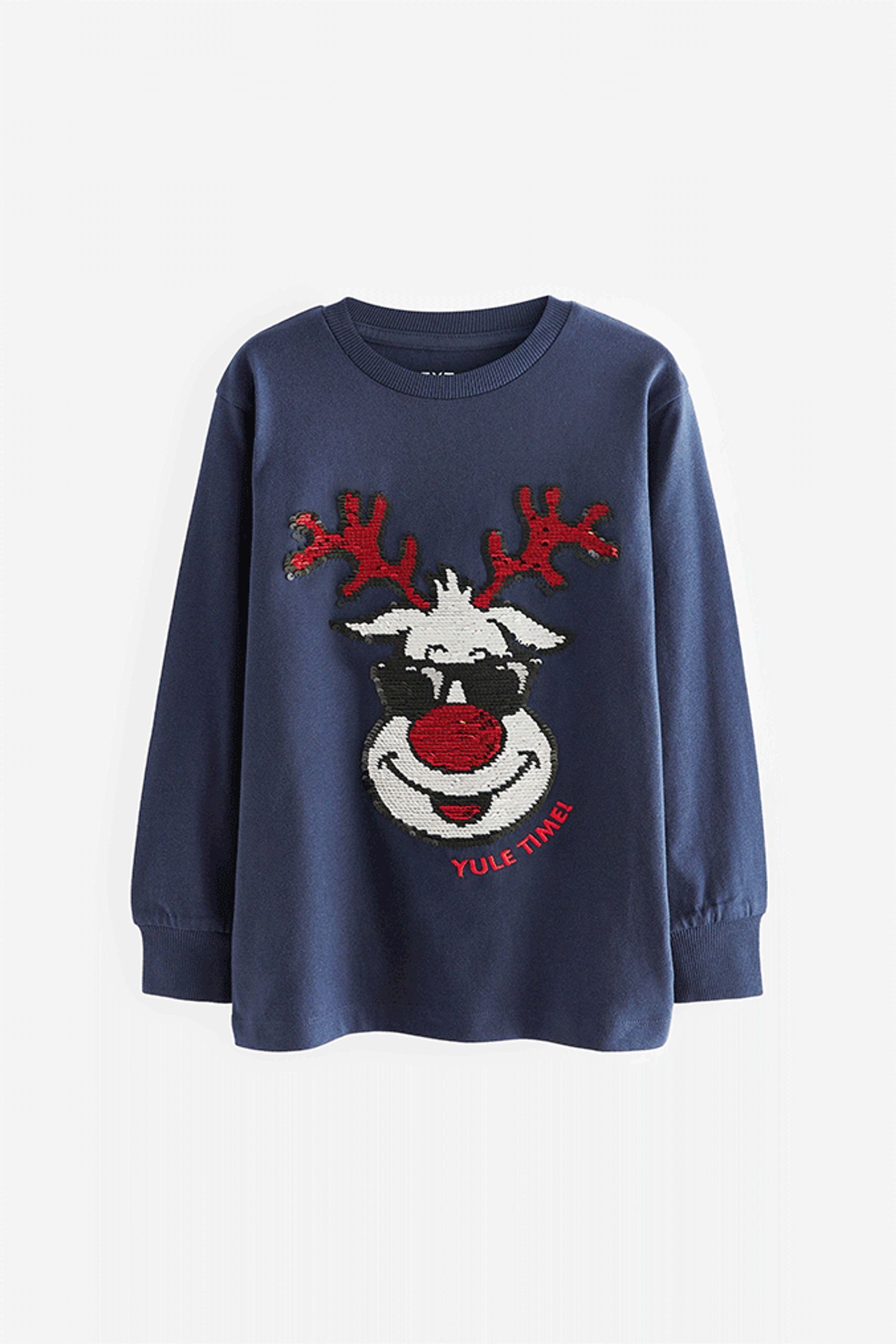 Blue Langarmshirt (1-tlg) mit Navy Reindeer Wendepailletten Next Weihnachts-Langarmshirt