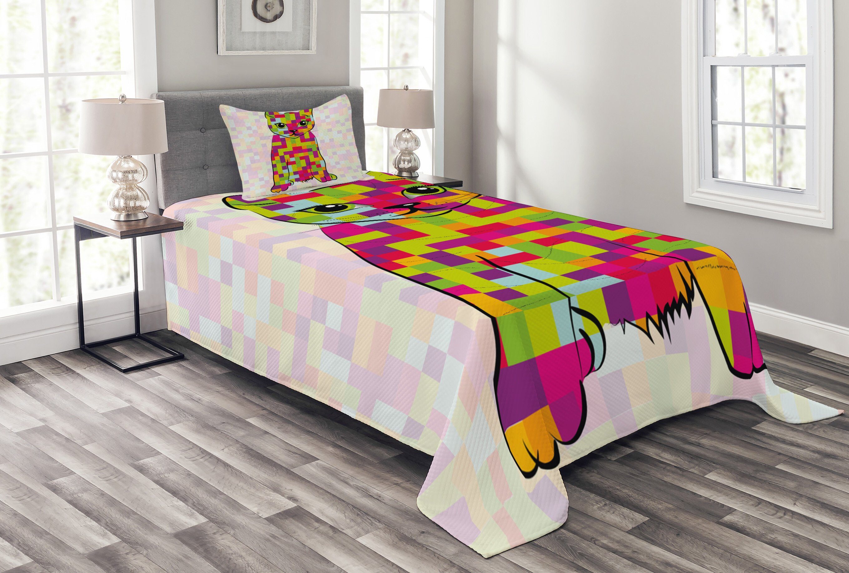Cat Tagesdecke mit Set Kissenbezügen Modern Digital-Farben Waschbar, Abakuhaus,