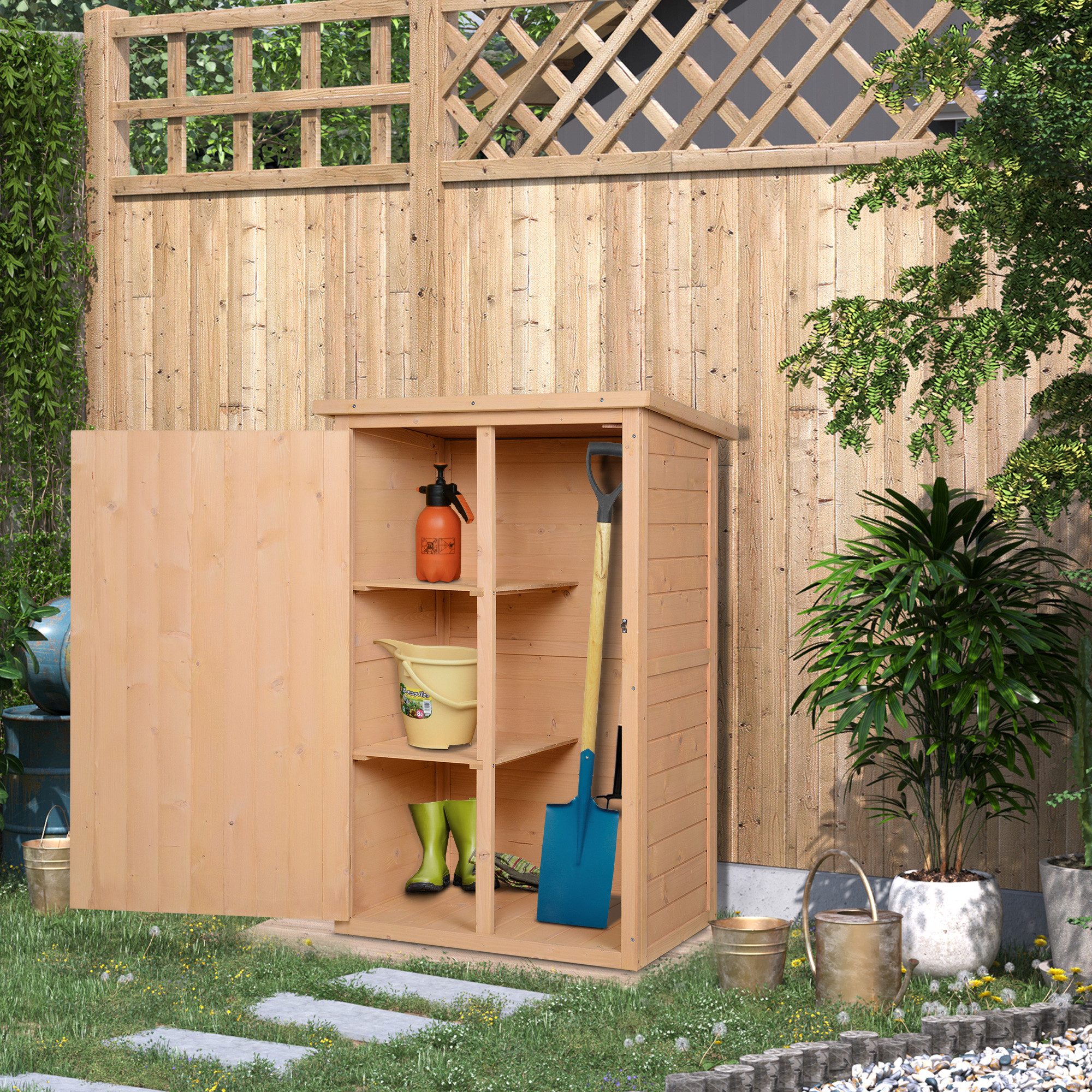 CHICFURN Geräteschrank 75x56x115 cm aus Holz, abschließbar, mit Regalböden (Packung, 1-St., Geräteschuppen & Lagerschuppen für Gartenutensilien) Kompakte Aufbewahrung für kleine Gärten & Terrassen