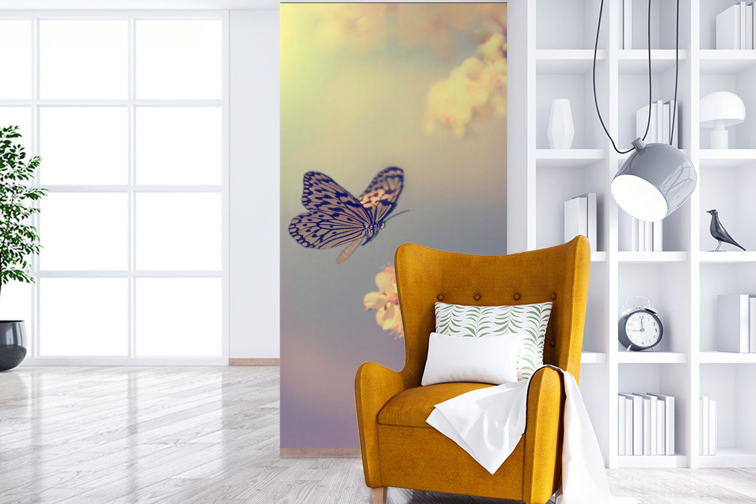 Zweig für St), - Schlafzimmer Blüte Küche, Fototapete - Wohnzimmer MuchoWow bedruckt, - Fototapete (2 Matt, Baum, Vliestapete Schmetterlinge