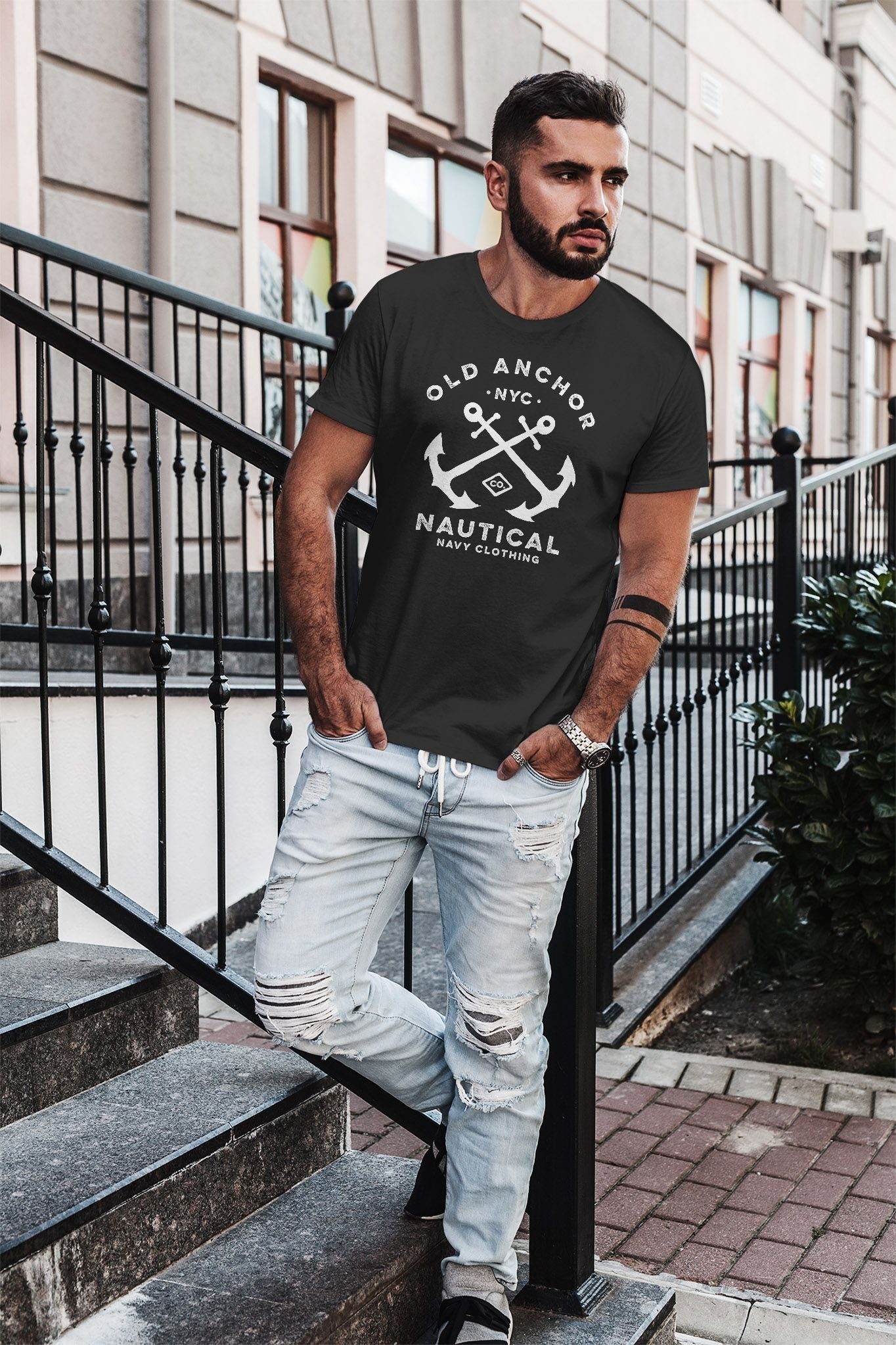 gekreuzte schwarz Print-Shirt T-Shirt Anker Neverless® Herren Anchor mit Print Old Nautical Neverless