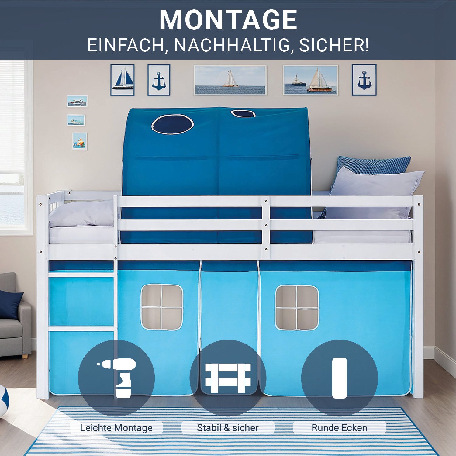 Homestyle4u Hochbett 90x200 Vorhang Kinderbett Holz günstig online kaufen