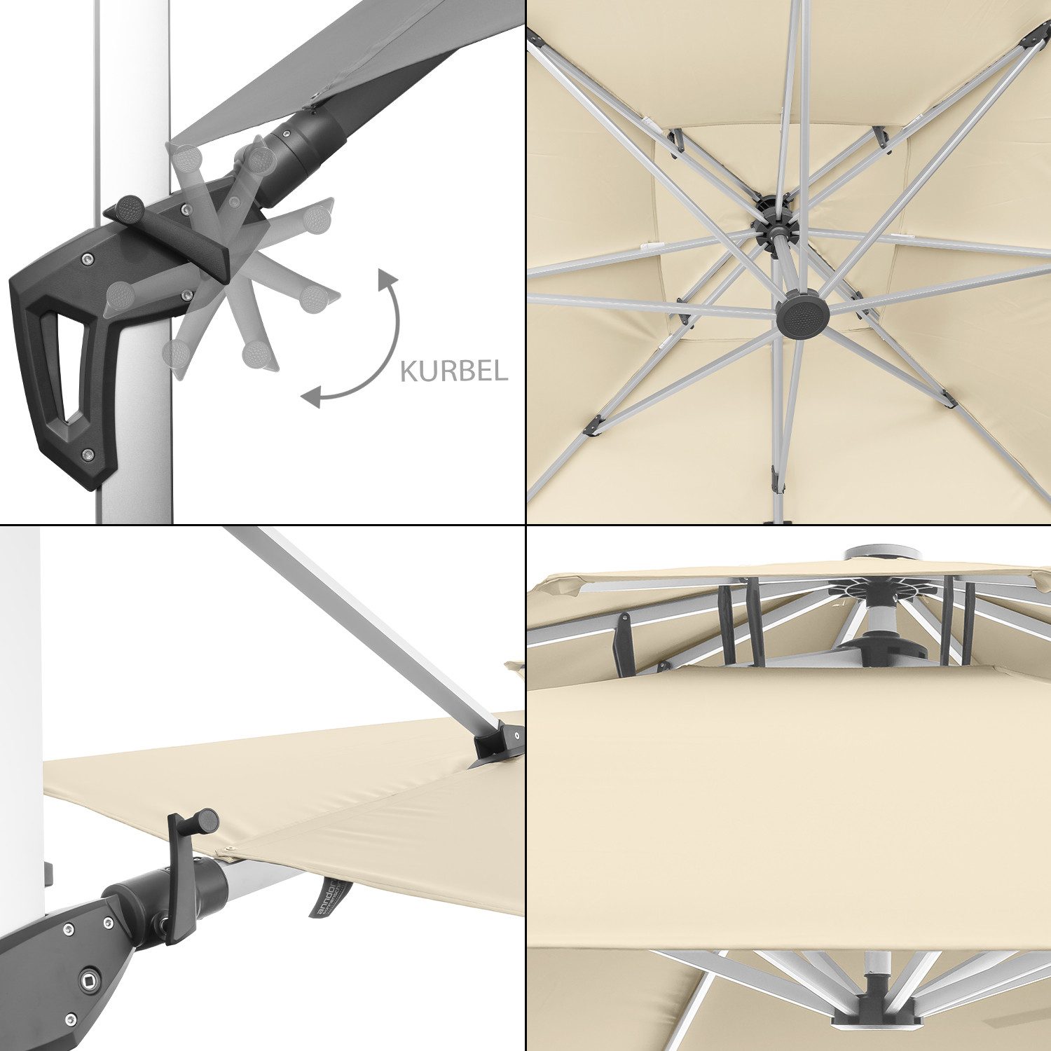 anndora Ampelschirm Sonnenschirm mit Aluminiumgestell, LxB: 350x350 cm, mit Bodenanker, wasserabweisende Beschichtung - Kurbelmechanik - Winddach